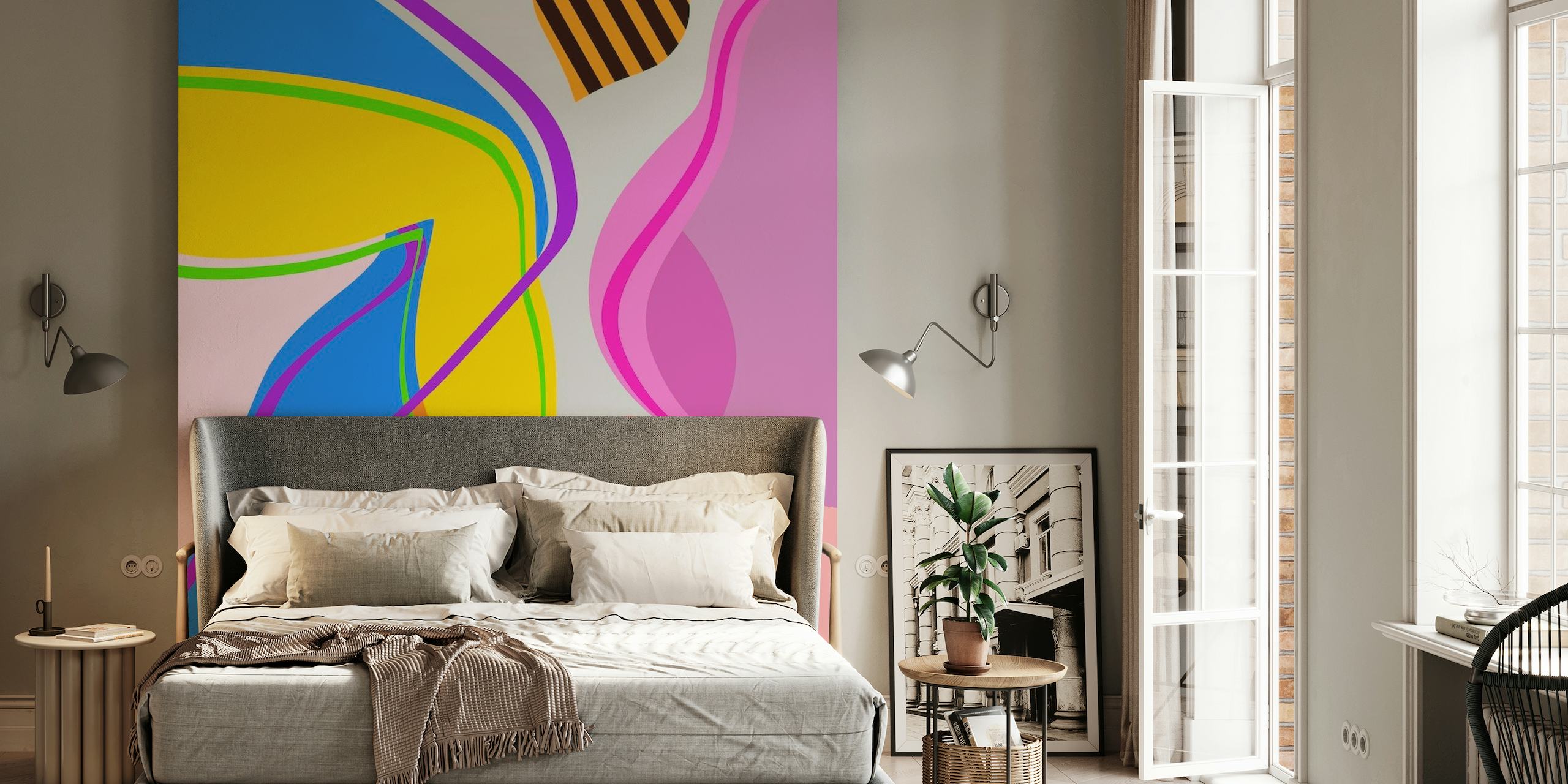 Abstrakti värikäs seinämaalaus, jossa taiteellinen esitys naisen siluetista