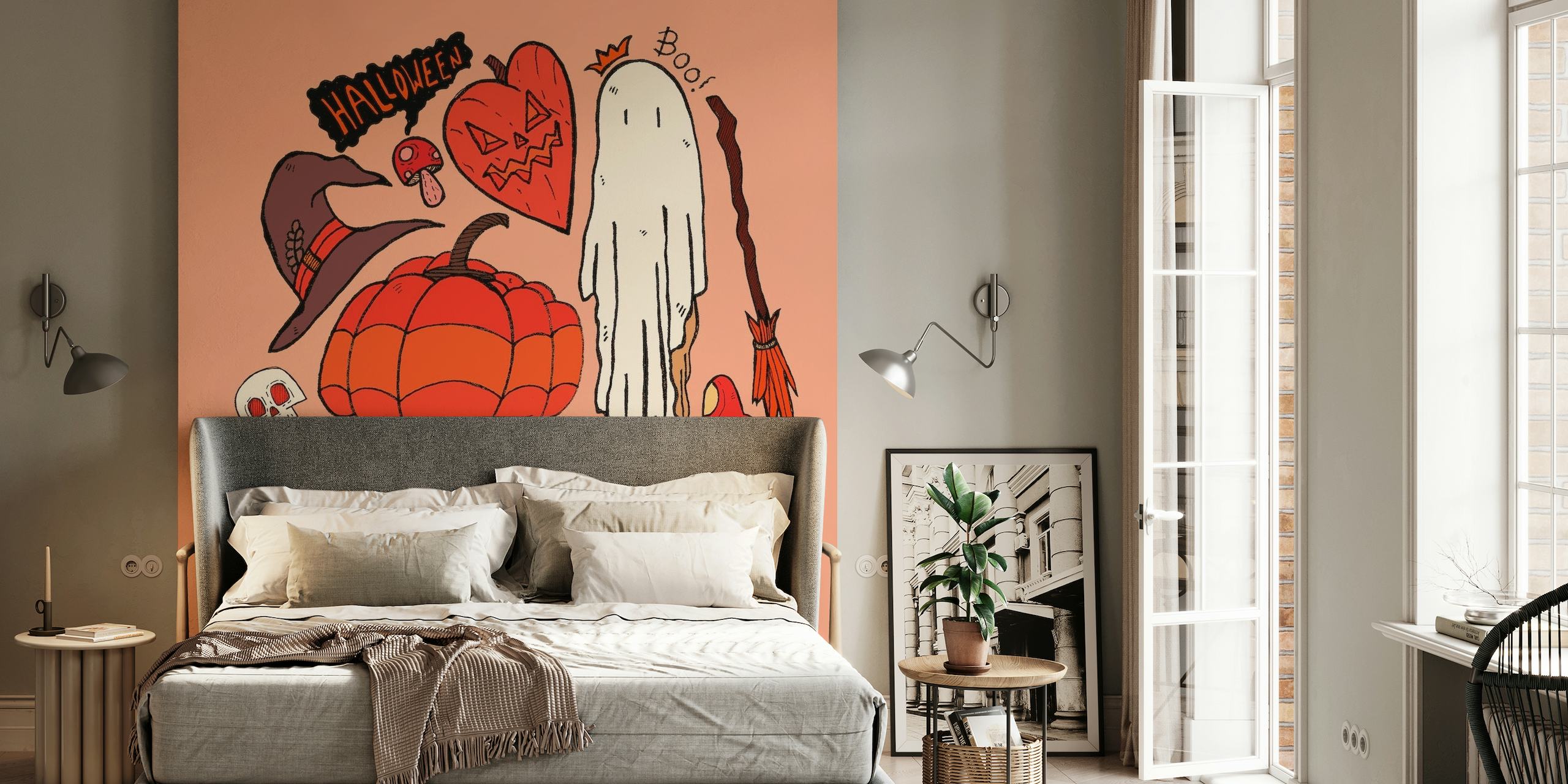 Mural de parede com tema de Halloween com abóboras, fantasmas e elementos místicos