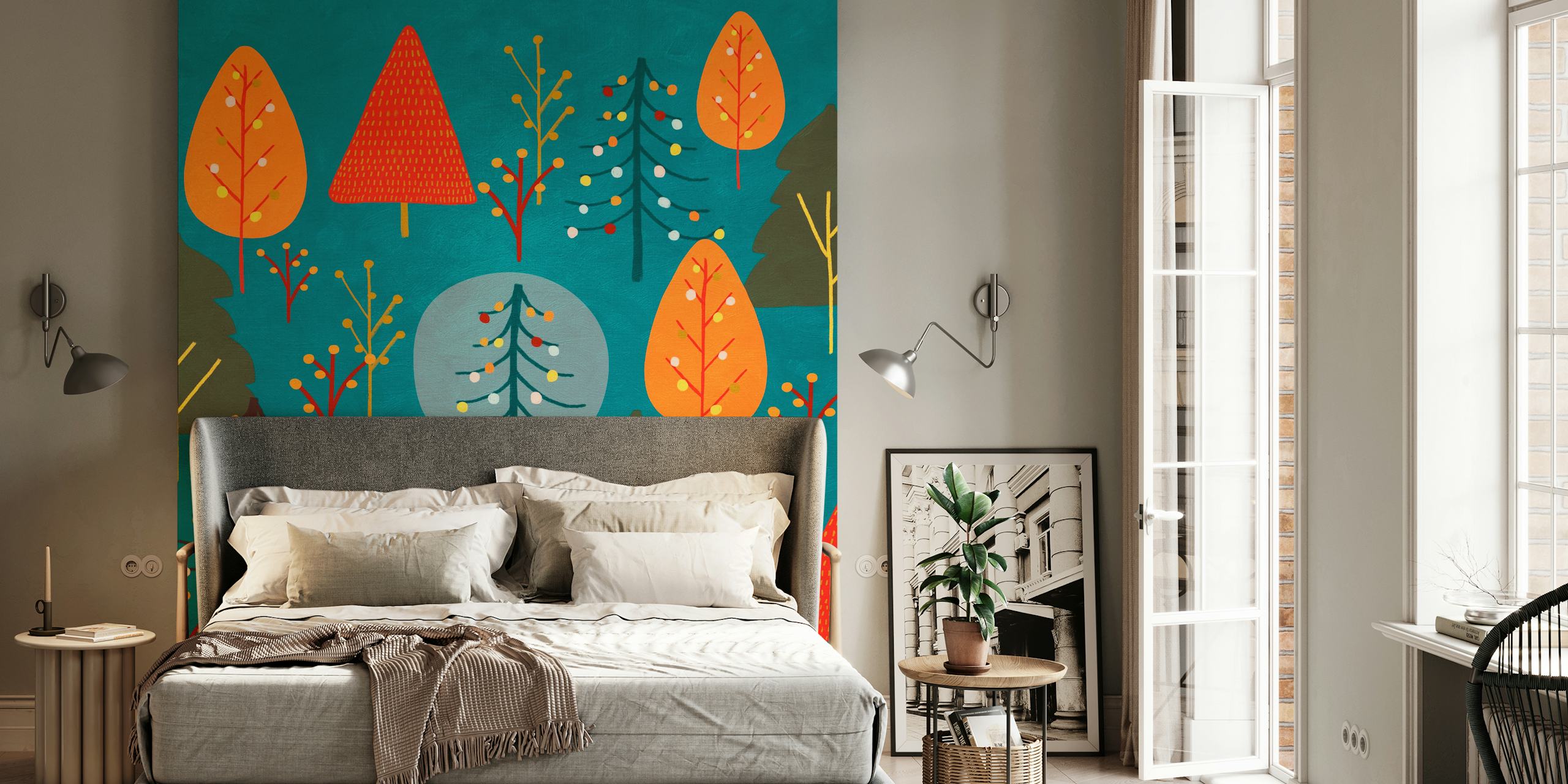 Modern Christmas Tapete mit Bäumen und Ornamenten