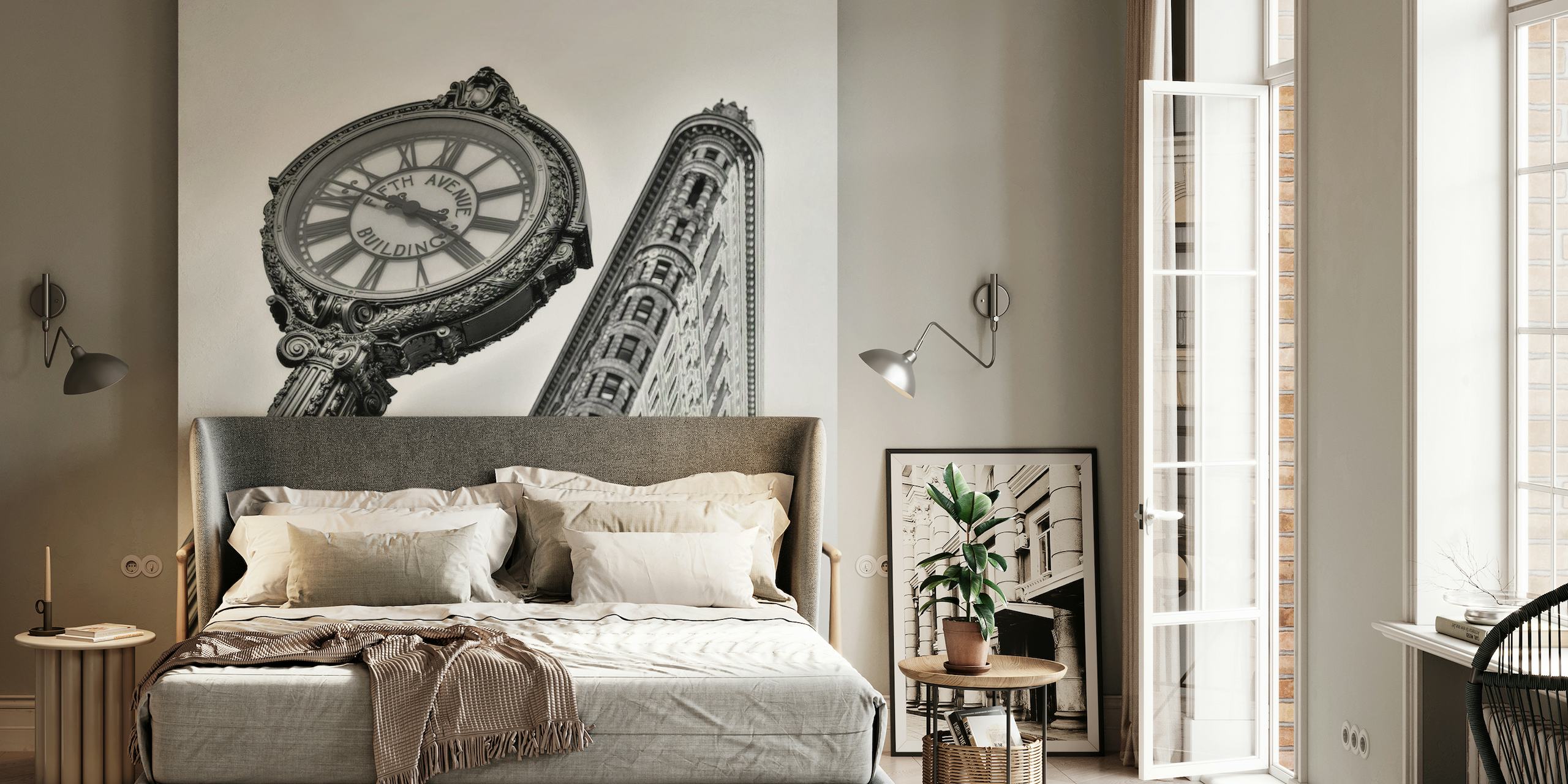 Black and white wall mural featuring a Manhattan skyscraper and a classic street clock, evoking New York's timeless elegance.