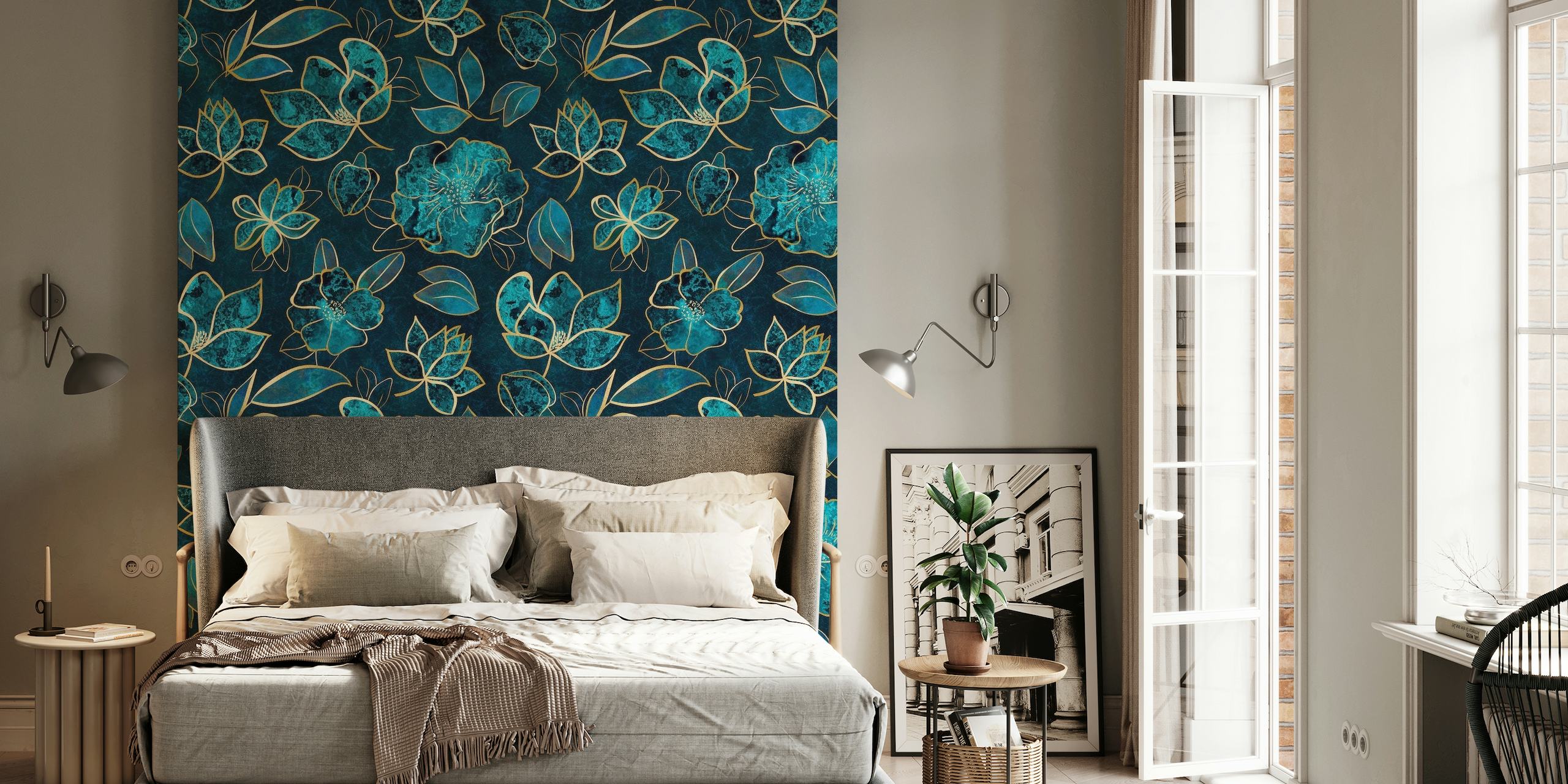 Elegant and fancy turquoise and gold floral pattern on a dark background for a wall mural.