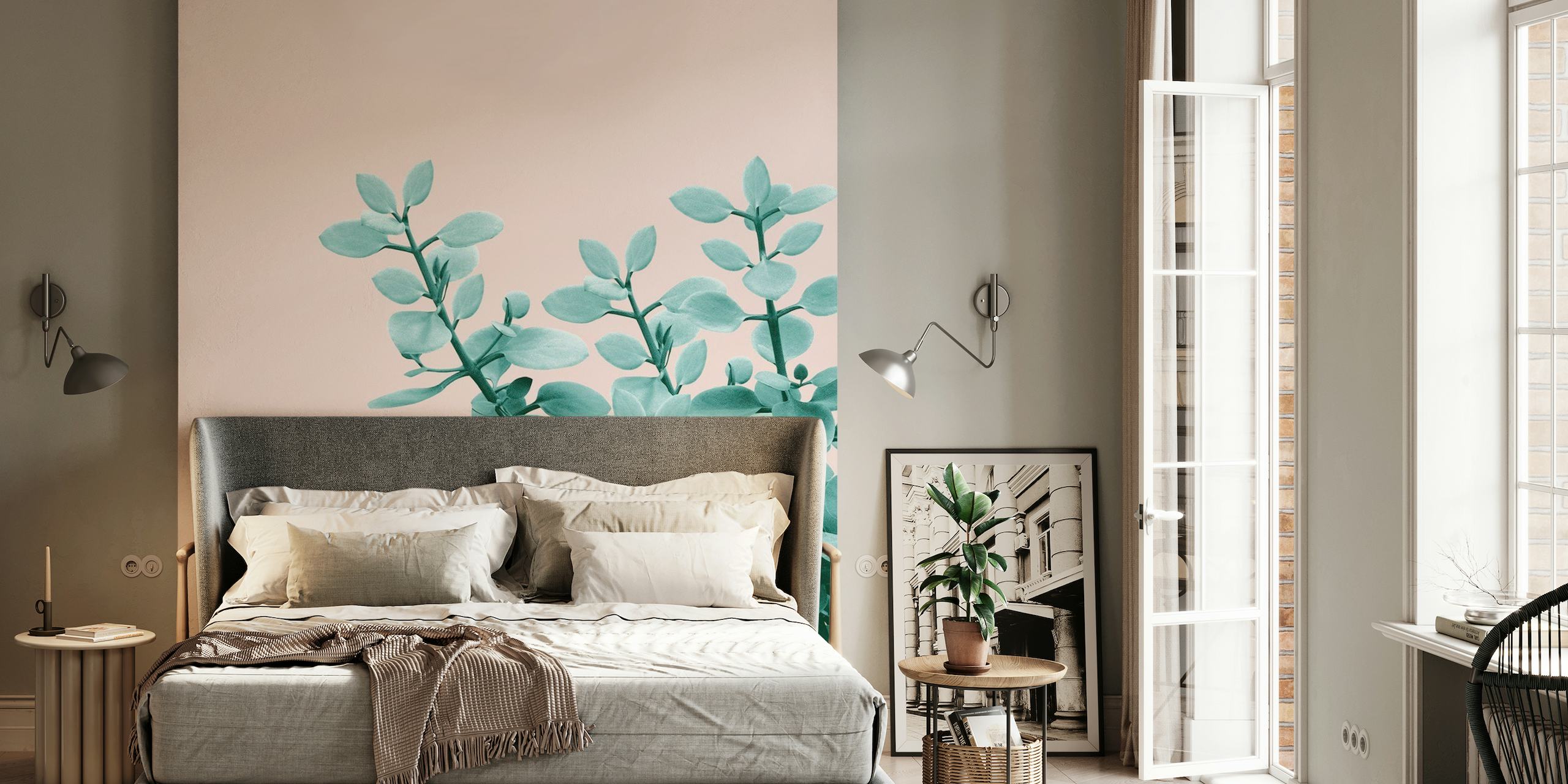 Eucalyptus leaves on a blush pink background wall mural
