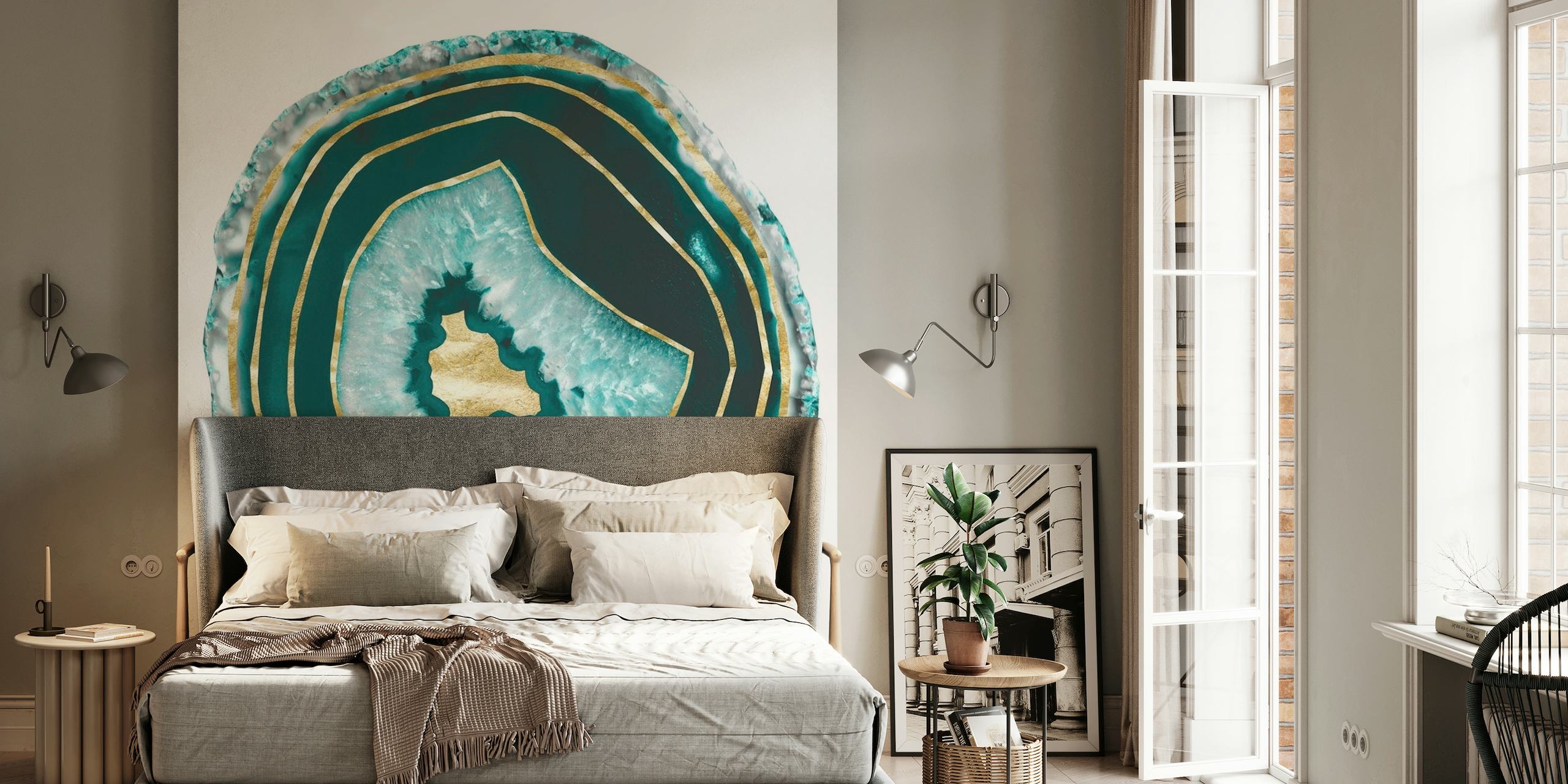 Elegante murale da parete in pietra di luna e agata con dettagli in lamina d'oro per un lussuoso arredamento d'interni