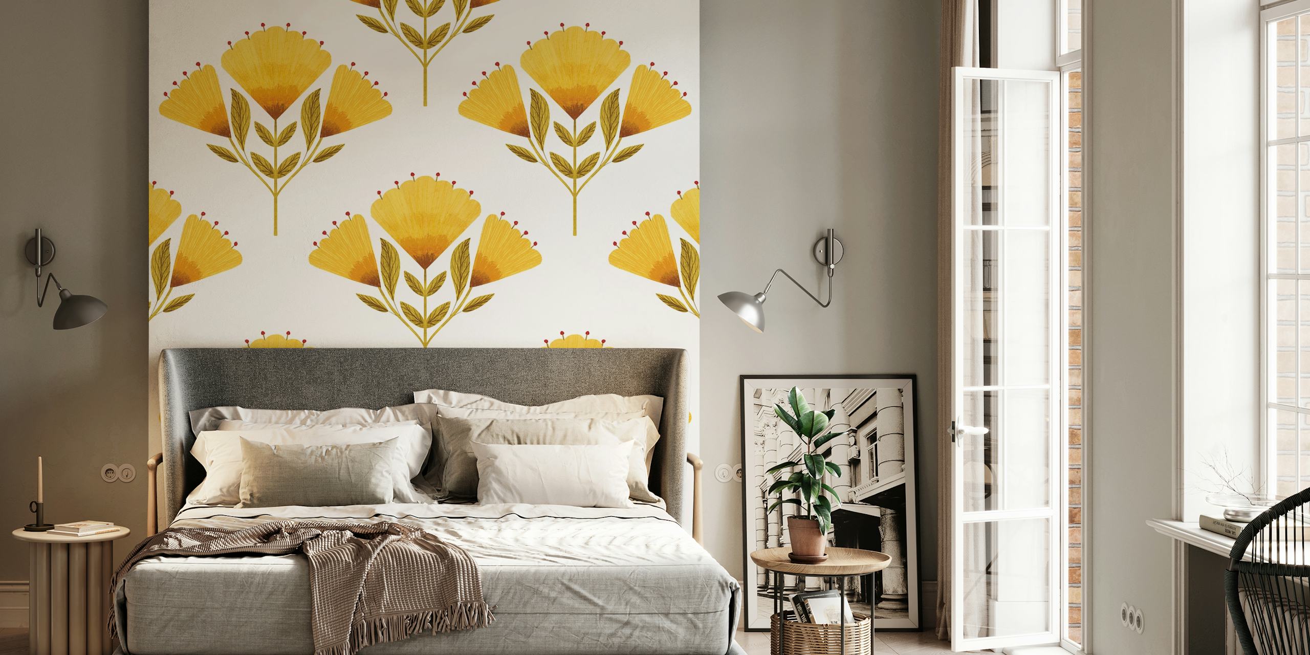 Yellow flowers with green leaves on a white background wallpaper
