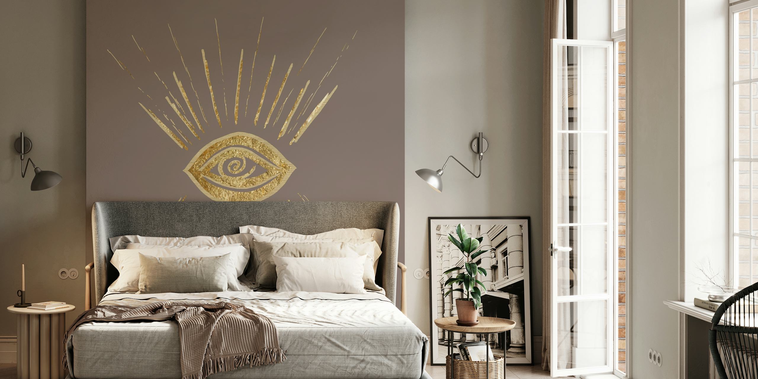 Evil Eye Gold on Brown wallpaper in a room
