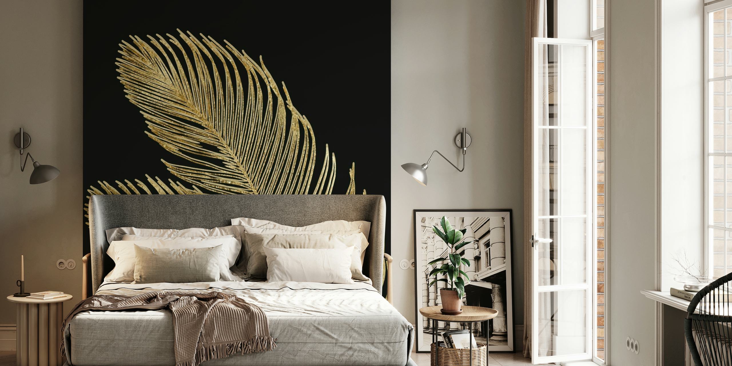 Golden palm leaf pattern on a black background wall mural