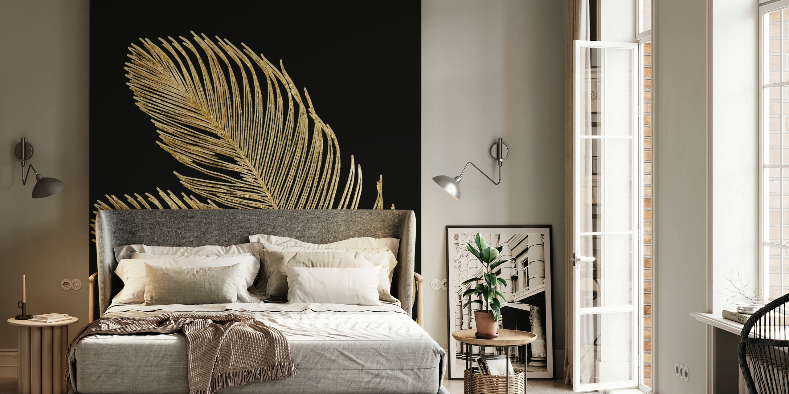 Golden palm leaf pattern on a black background wall mural