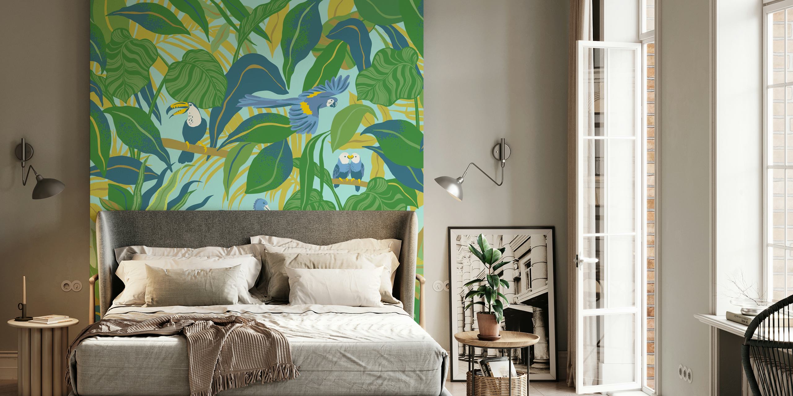 Colorful tropical birds among lush green leaves wallpaper