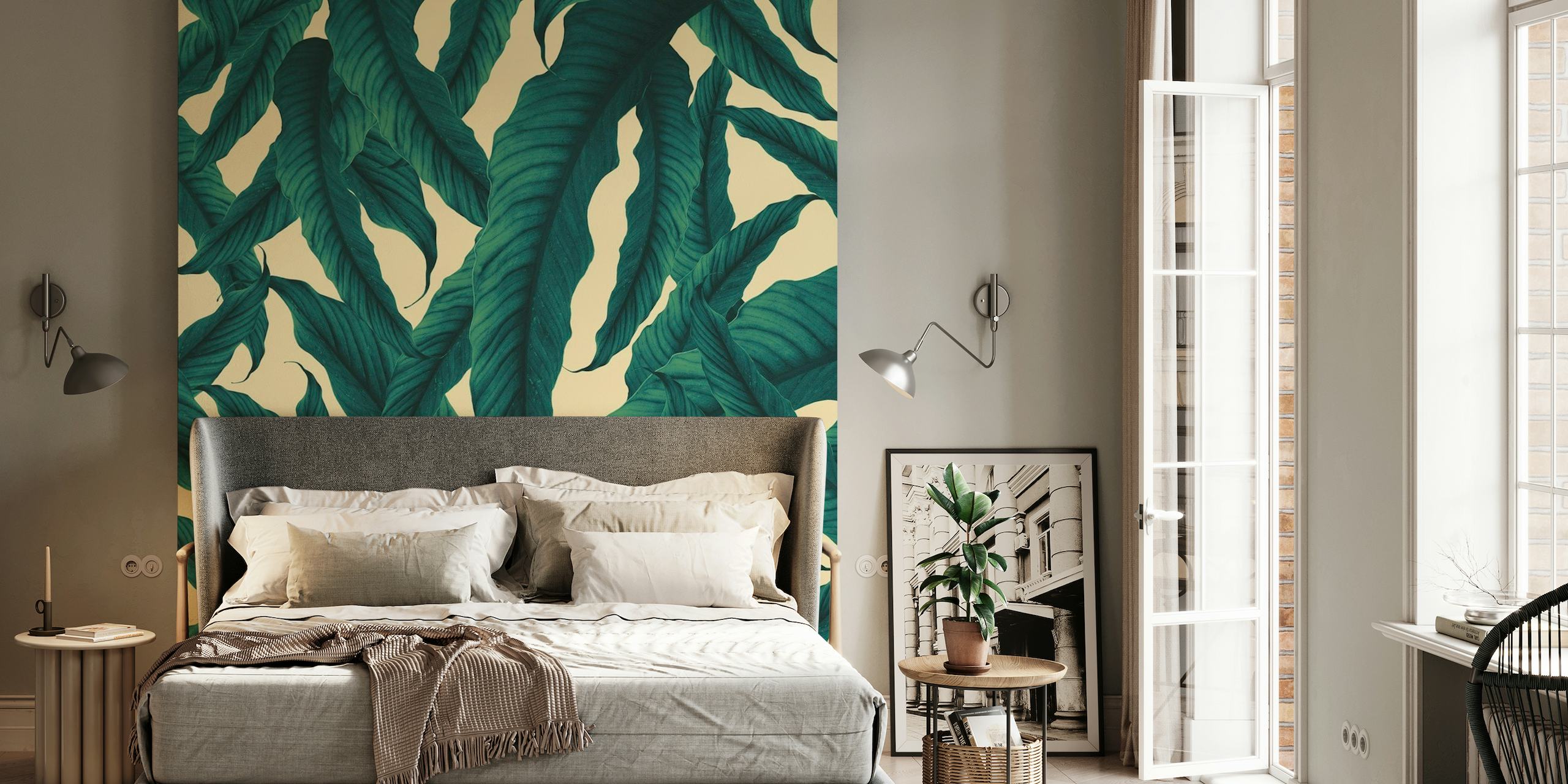 Vibrante mural de pared de hojas de plátano tropicales con un tema de jungla densa
