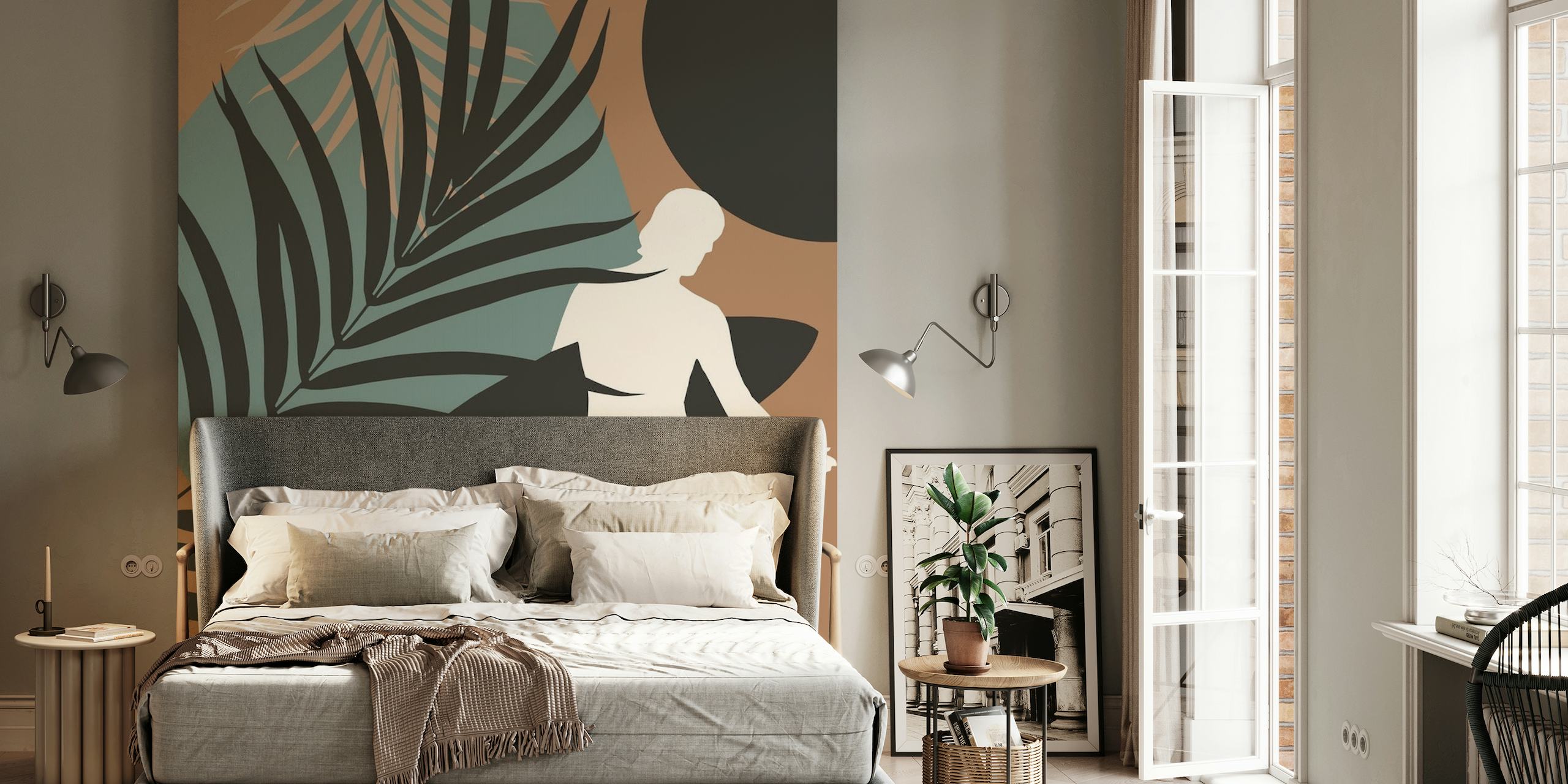 Abstract wall mural of a surfer with surfboard at midnight with tropical plant silhouettes