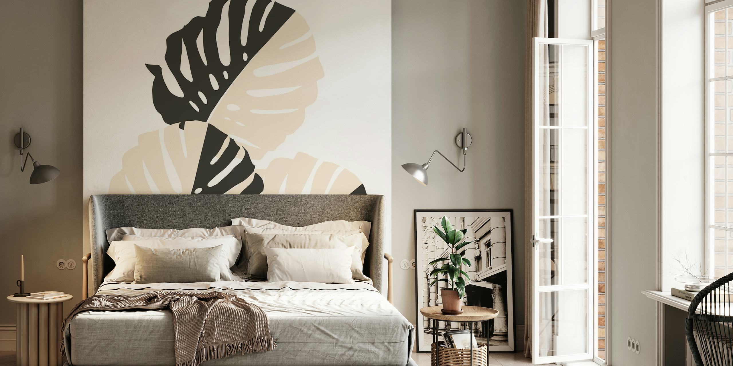 A stylized monstera leaf wall mural in a duo-tone color scheme