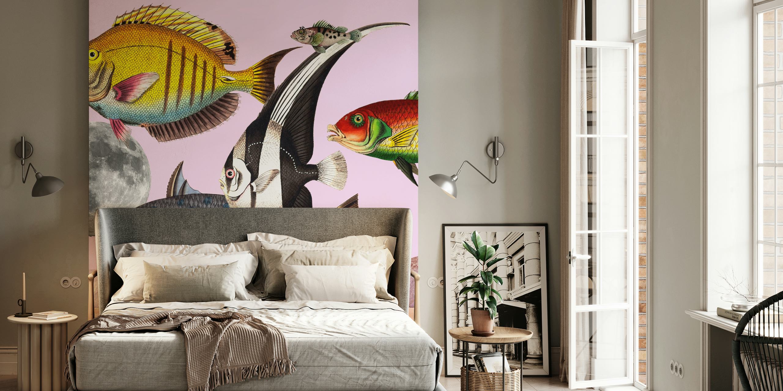 Kolorowa tapeta Fish World Pink w pokoju