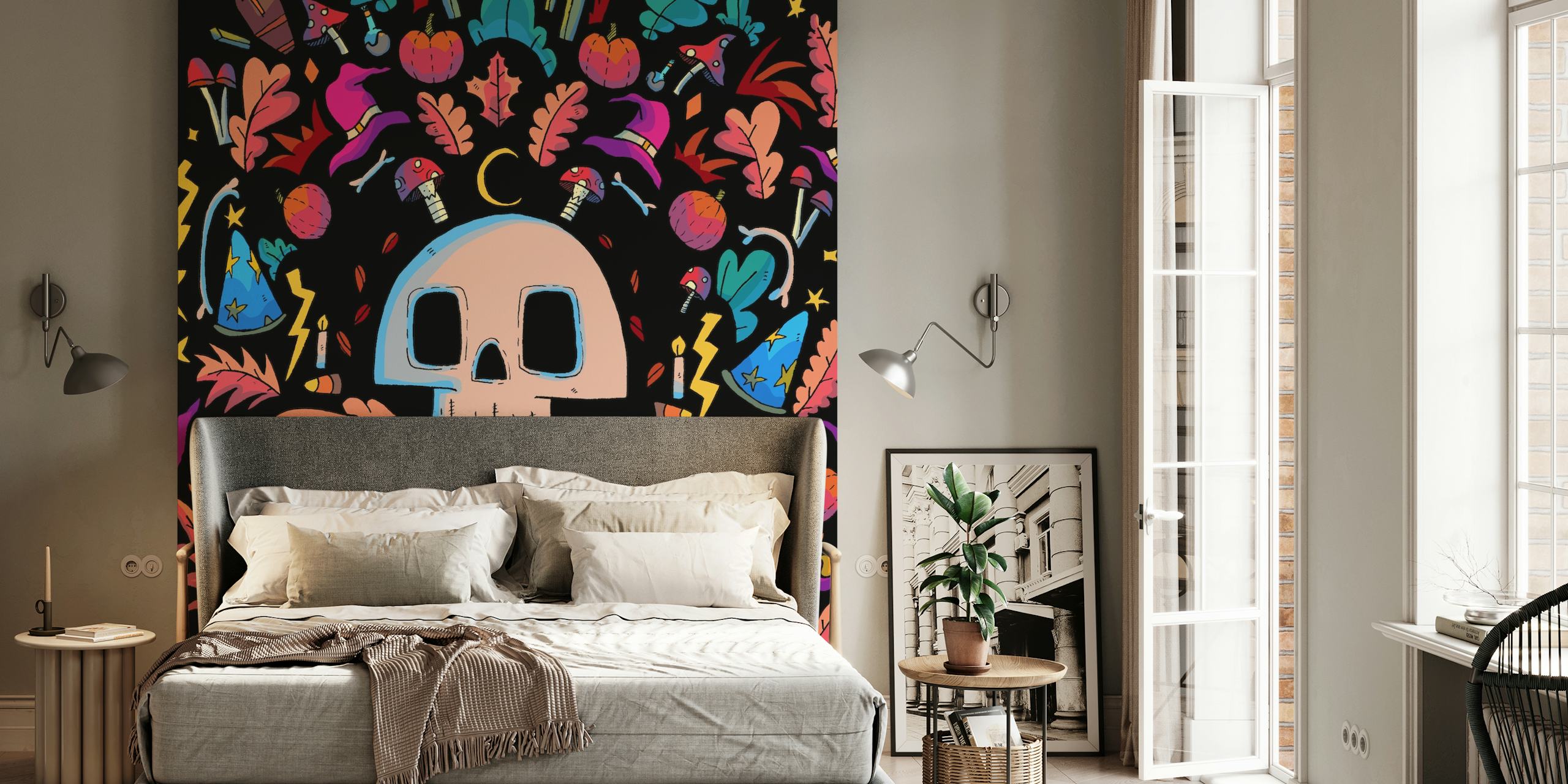 Colorful Halloween-themed wallpaper with skulls, pumpkins, and autumn leaves on black background
