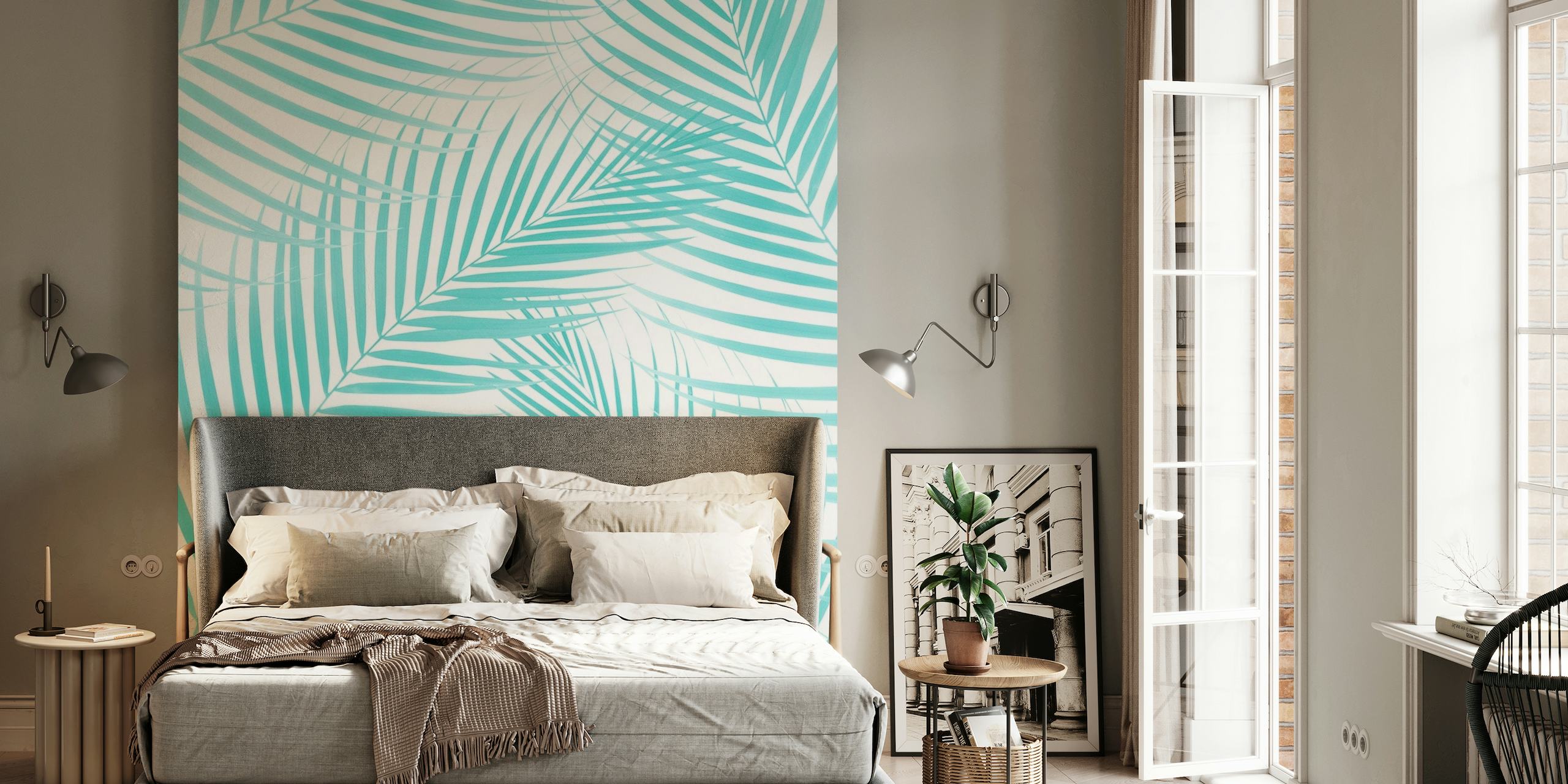 Soft Turquoise Palm Leaves 2 behang