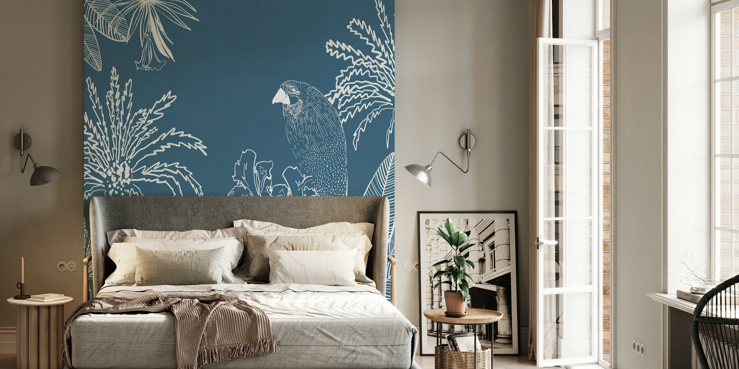 Tropisch Macaw-vogelsilhouet op donkerblauwe achtergrond met ingewikkelde botanische details.