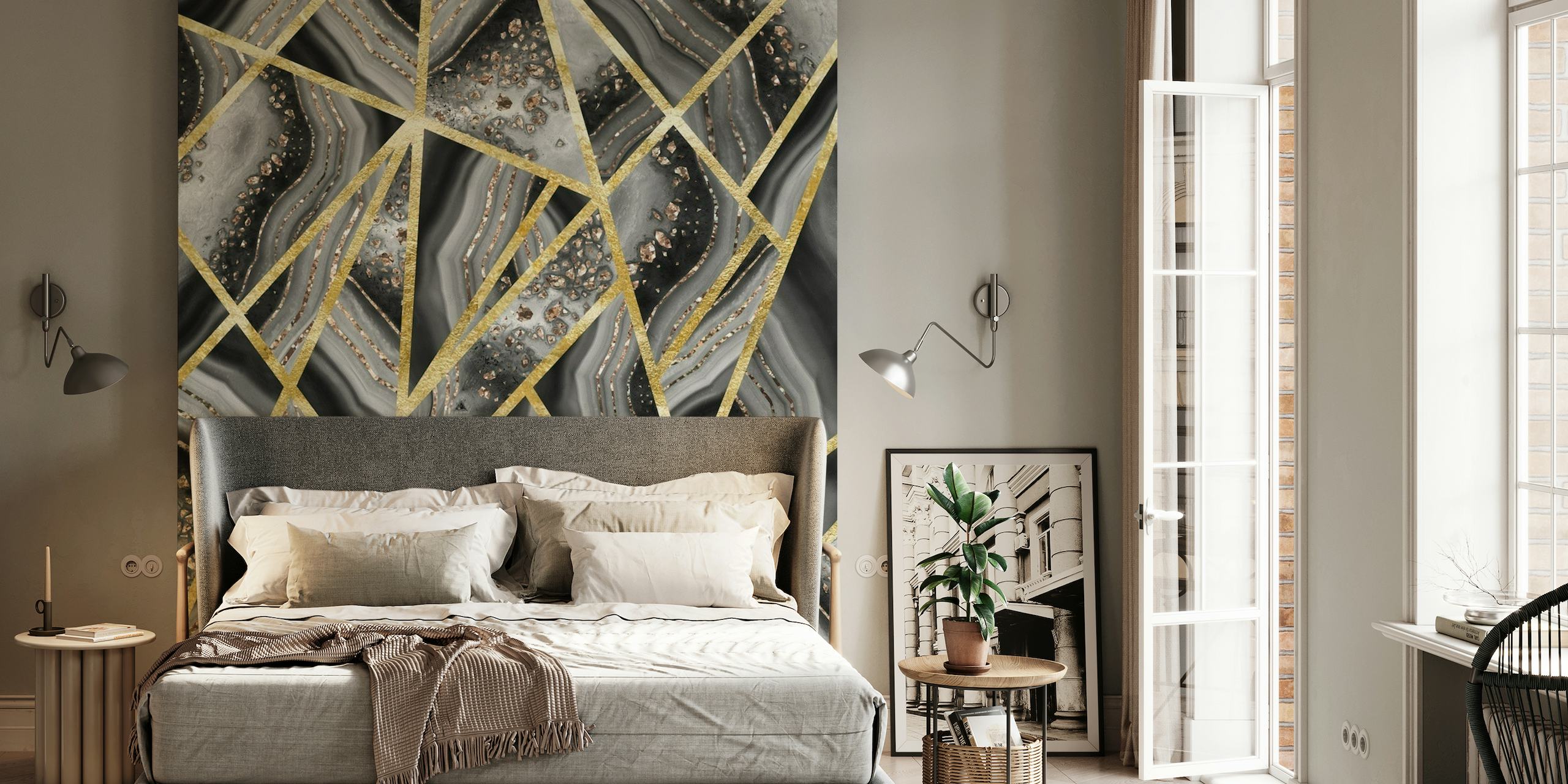 Luxurious wall mural featuring black agate stone pattern with gold lines and silver-grey veins.