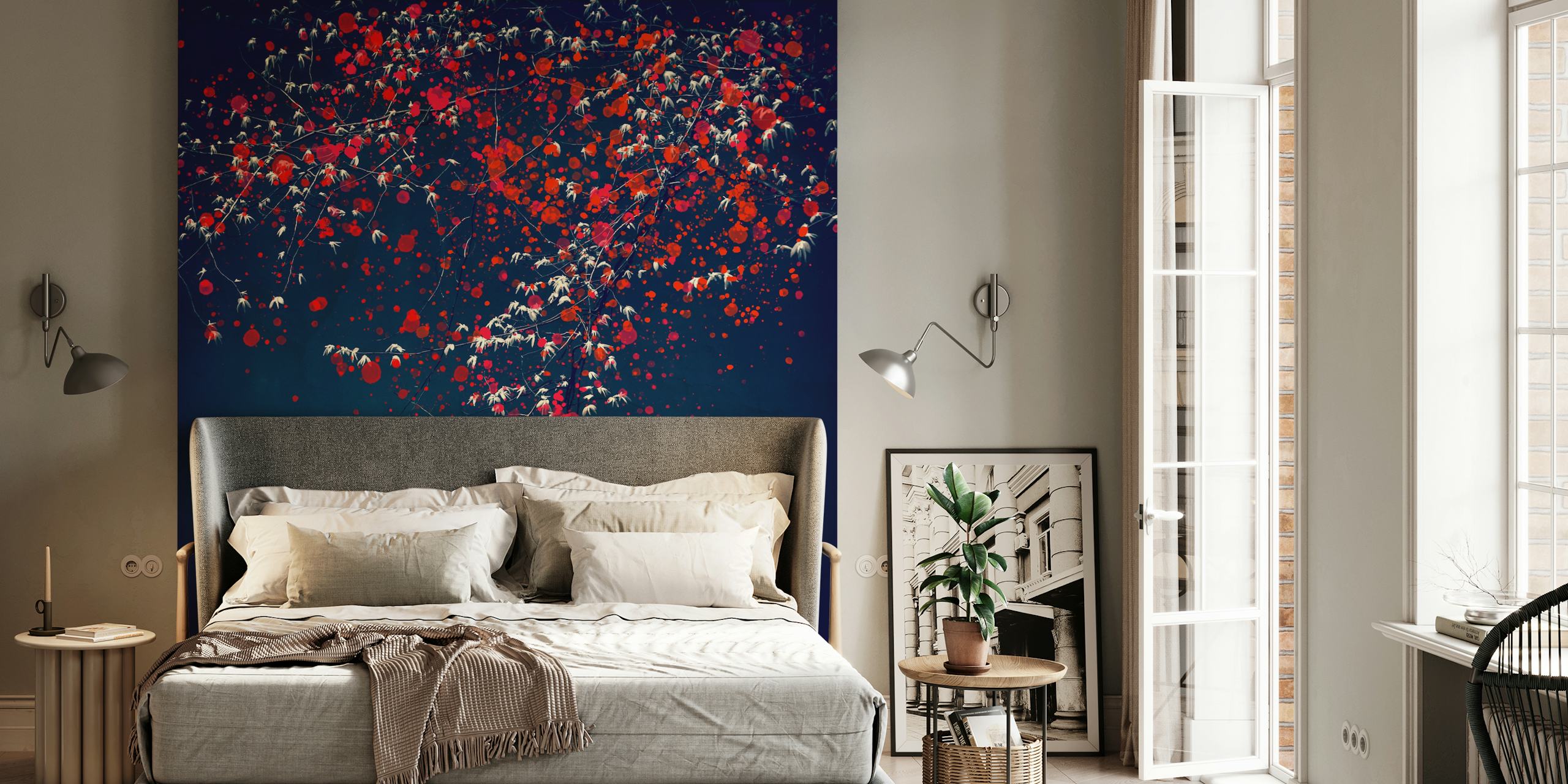 Abstract wall mural of a tree with red and white blossoms against a dark blue background