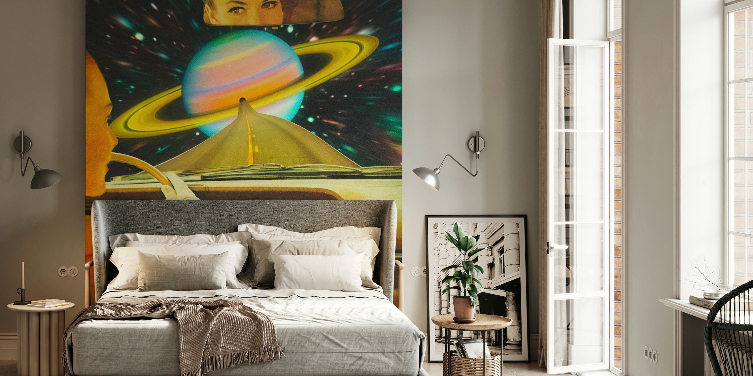 Vintage car interior with a view of Saturn and the stars in a cosmic setting