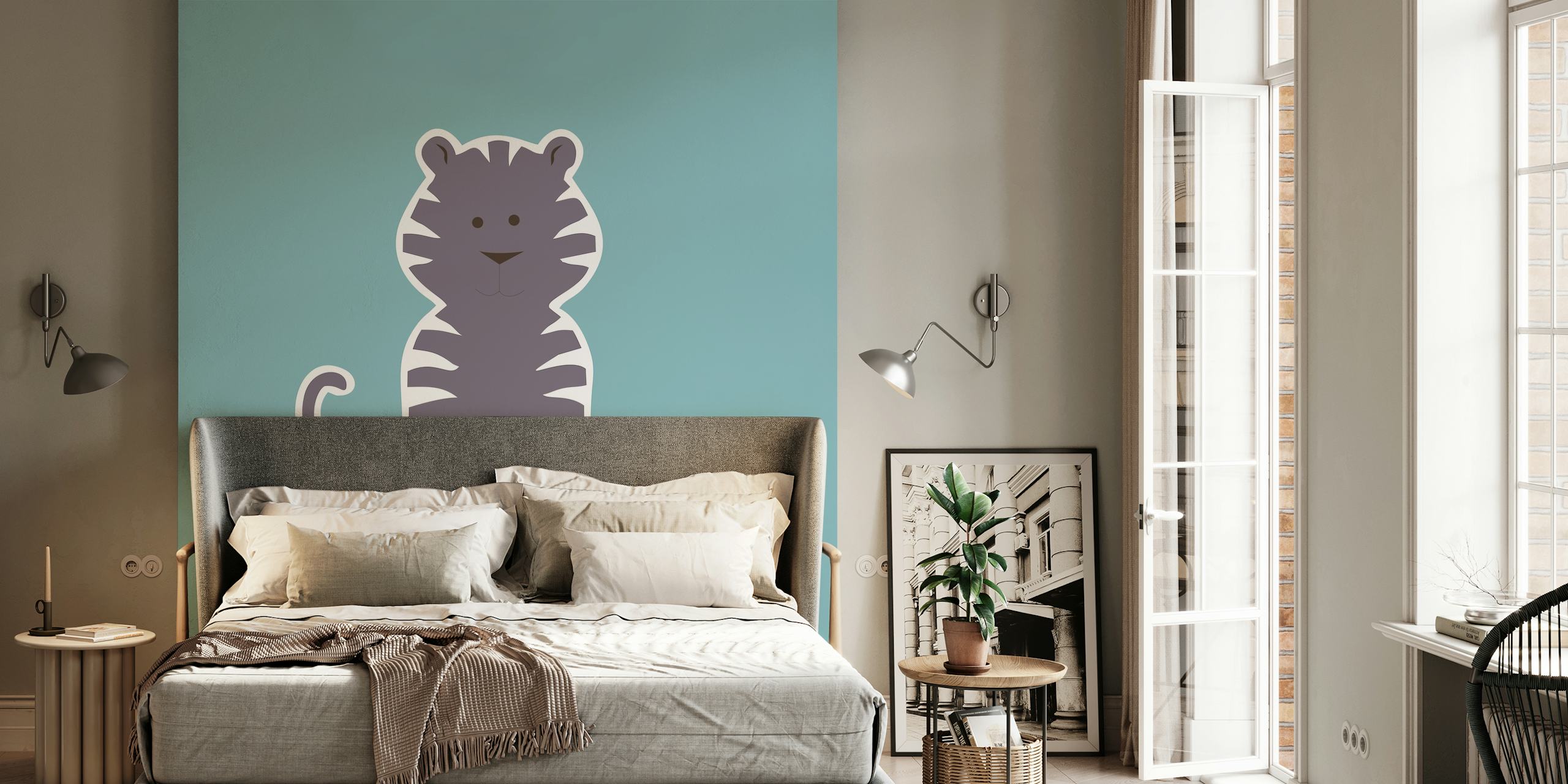 Mint pastel green tiger wallpaper in a room