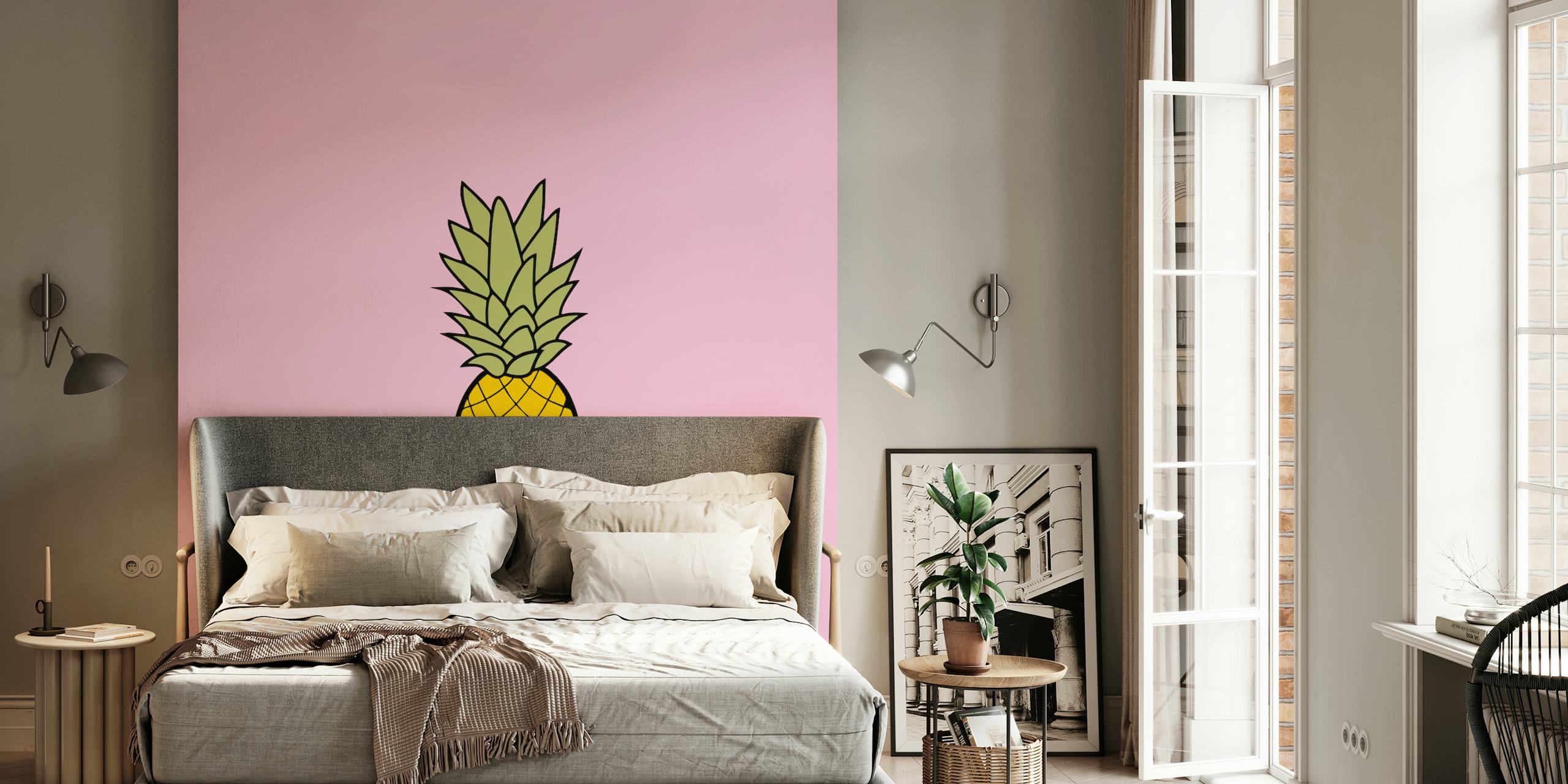 Solid pink and yellow pineapple wallpaper in a room
