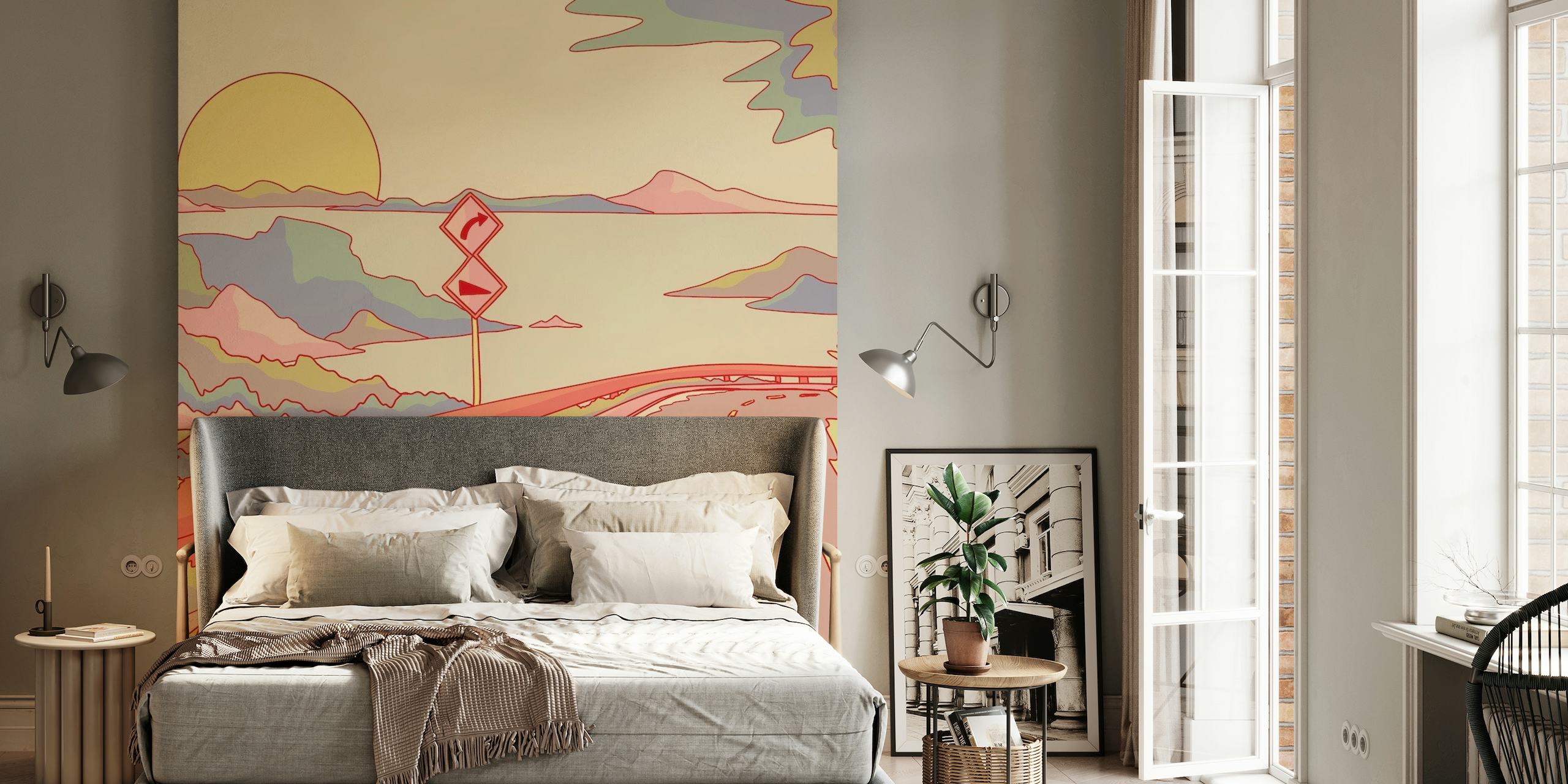 Aesthetic wall mural depicting a sunset road trip on a coastal island road with soft pastel colors