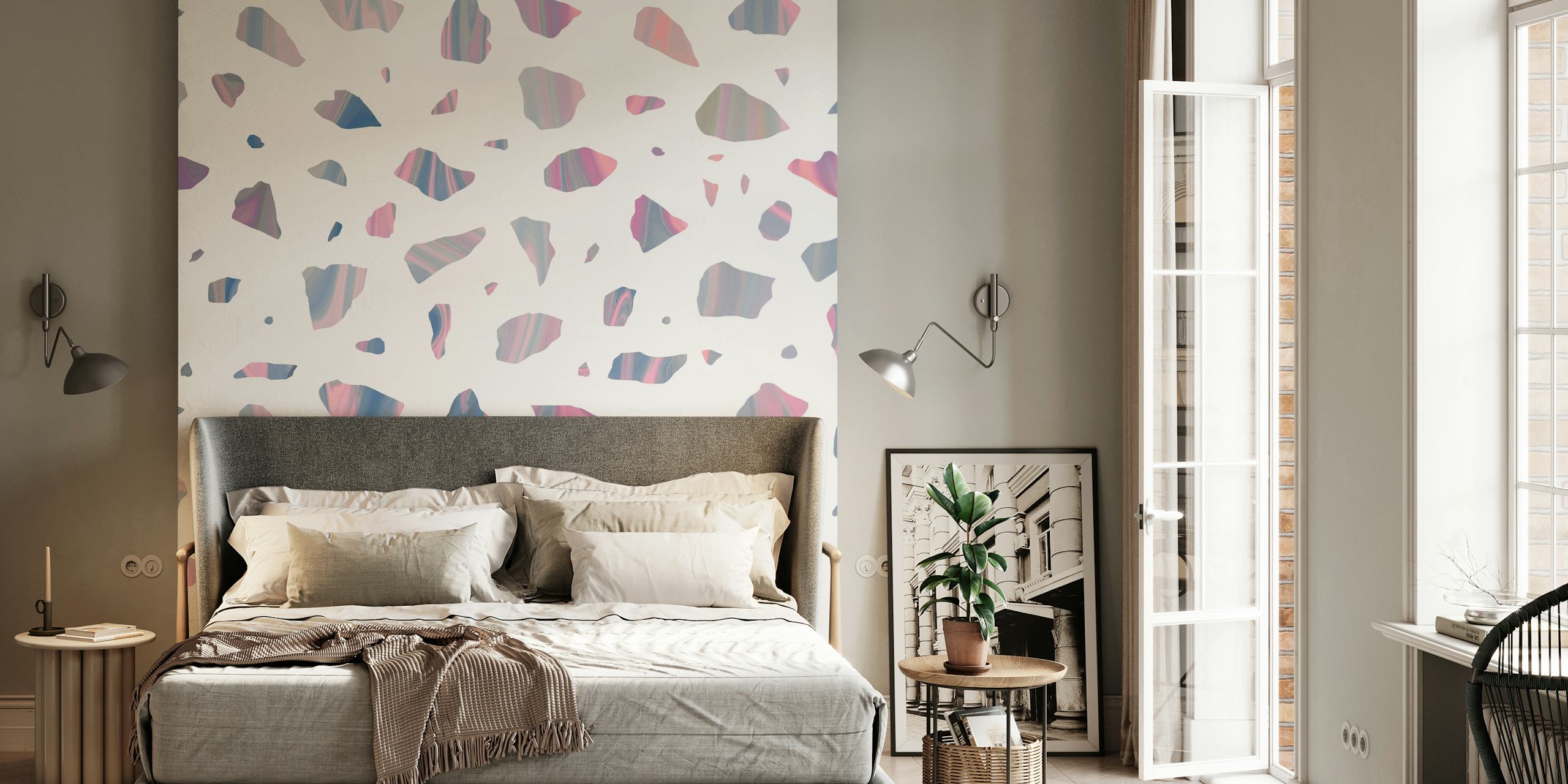 Abstract terrazzo pattern wall mural with pink, blue, and gray fragments on a white background