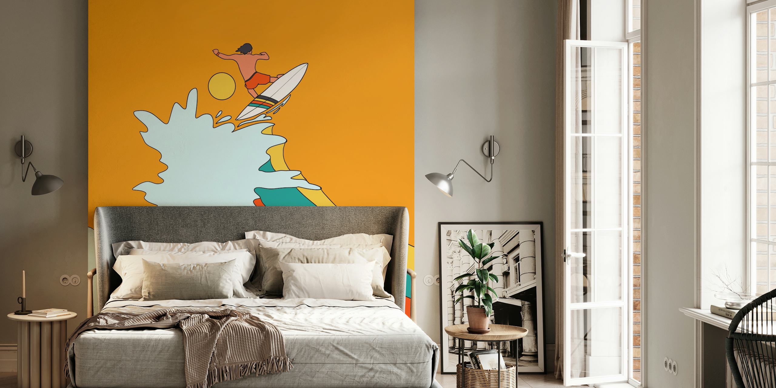 Surfer riding a wave with colorful stripes on orange wallpaper