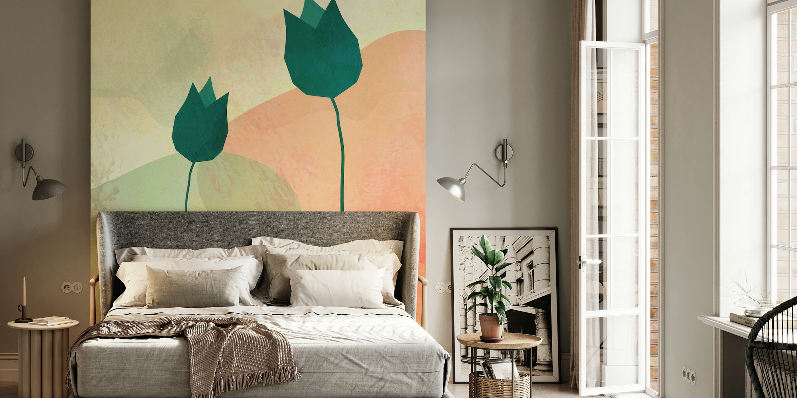 Green tulips on a soft pastel background wallpaper