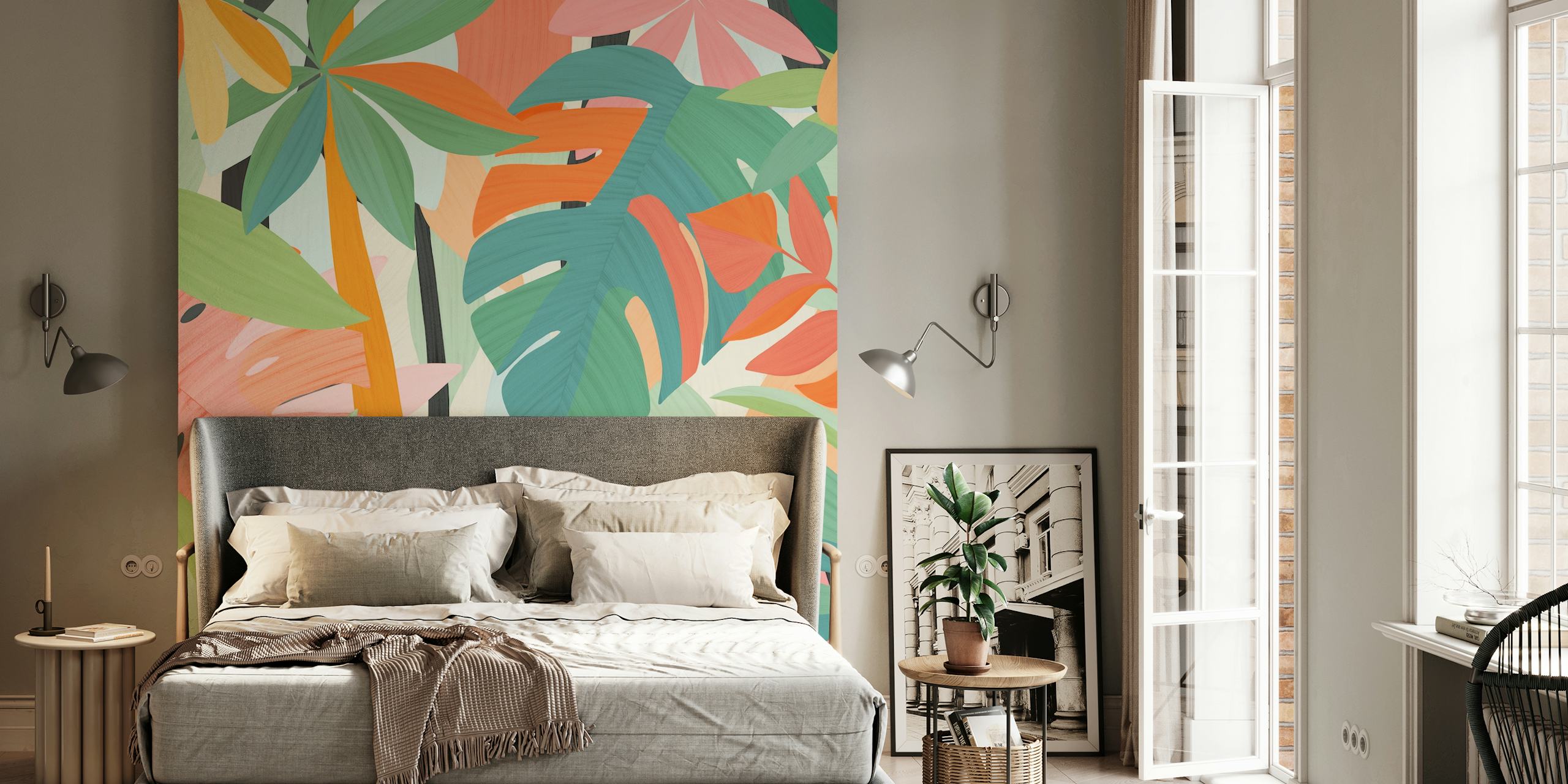 Tropical leaves in pastel colors including green, pink, and orange. Floral wallpaper.