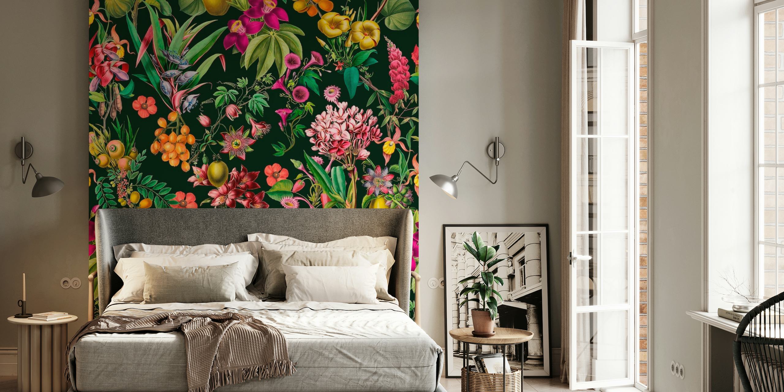 Tropical Jungle Flower And Fruit Garden Black wallpaper