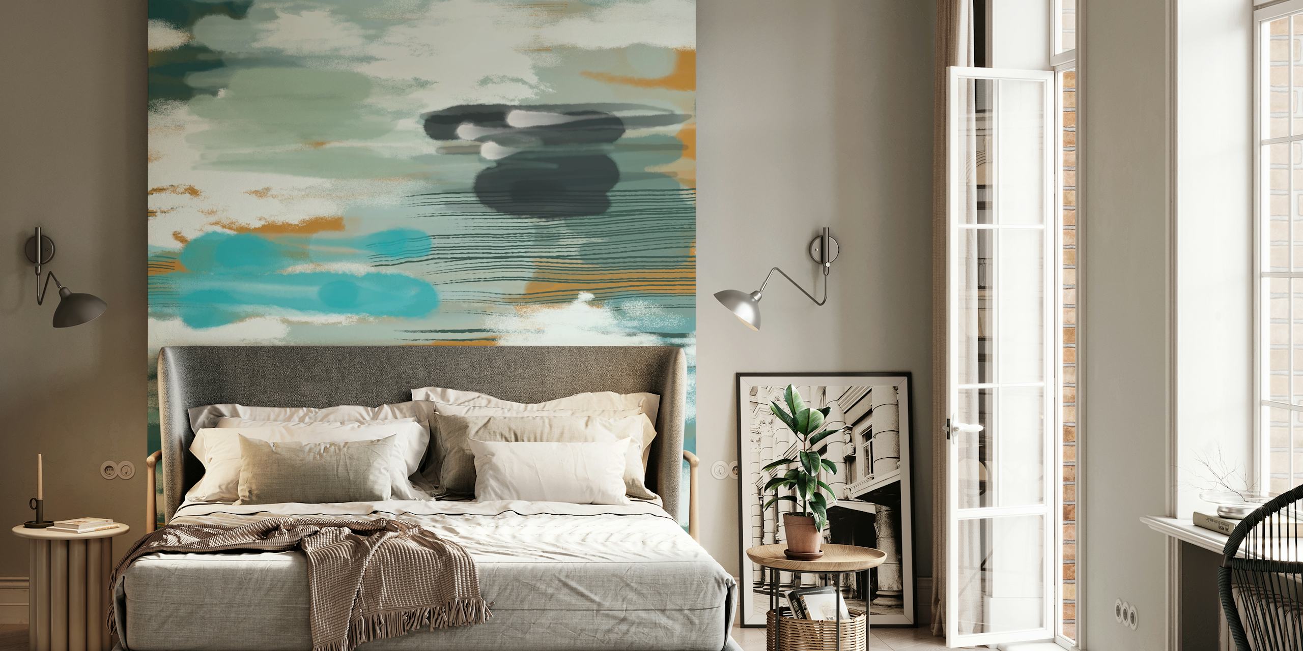 Tapeta Hypnotic Teal Mustard vystavená v místnosti