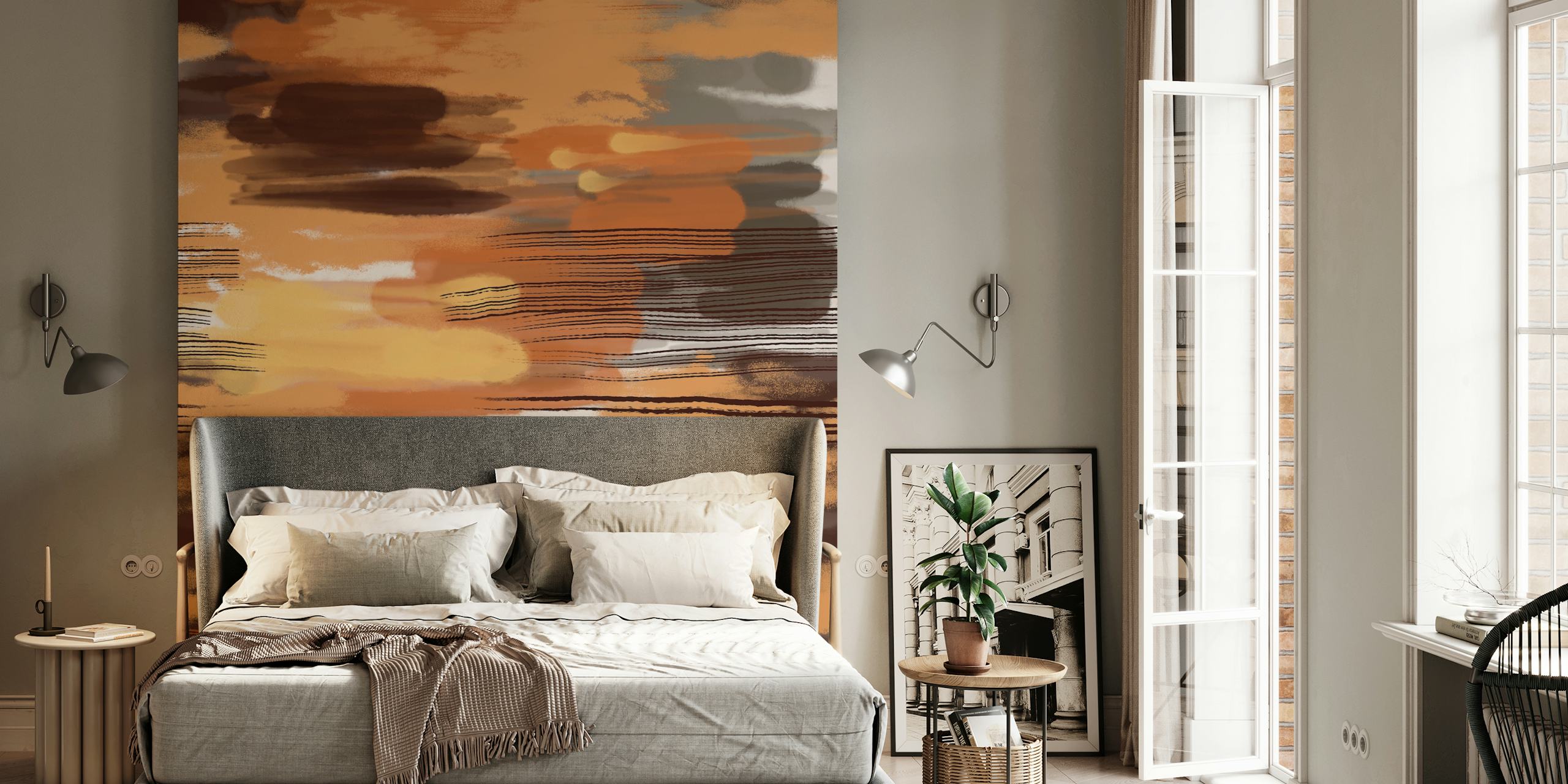 Abstract hypontic peach, rust and brown wall mural with organic brush strokes