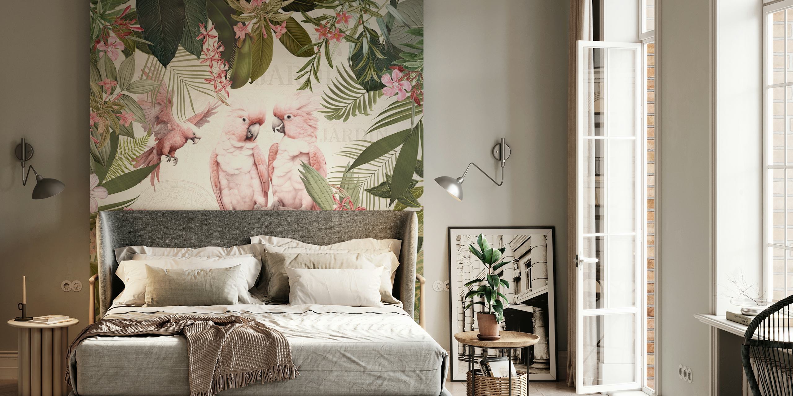 Pink parrots amidst lush green leaves and tropical flowers wallpaper
