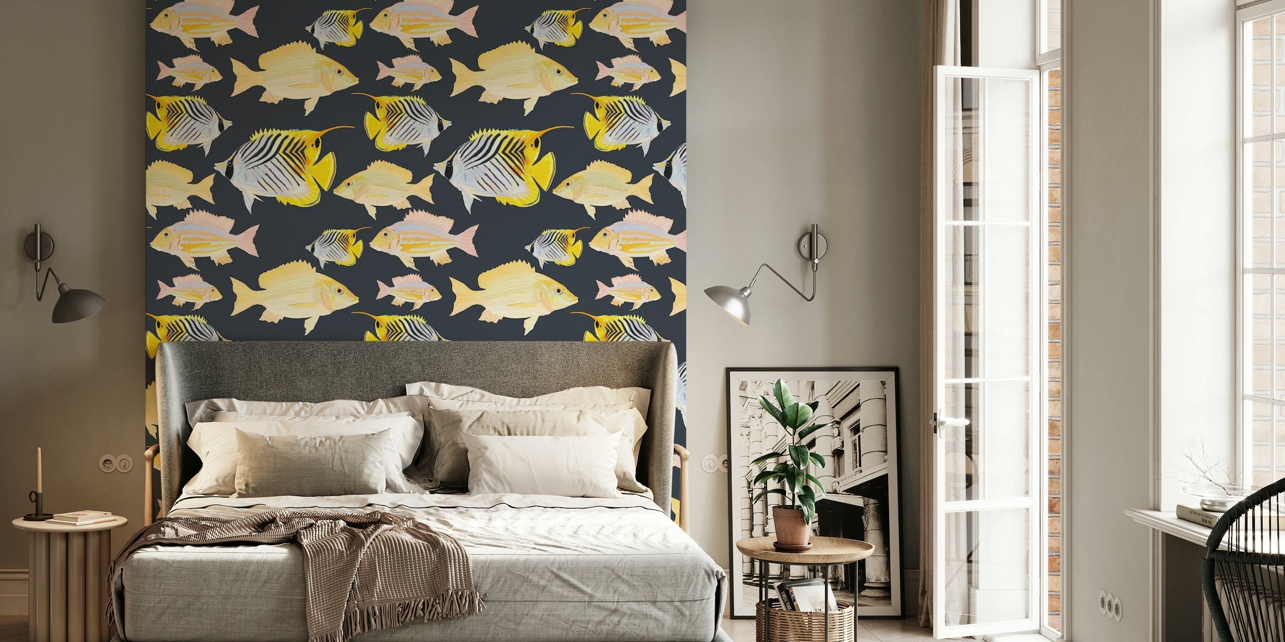 Illustrated sand bream fish wall mural on a dark background