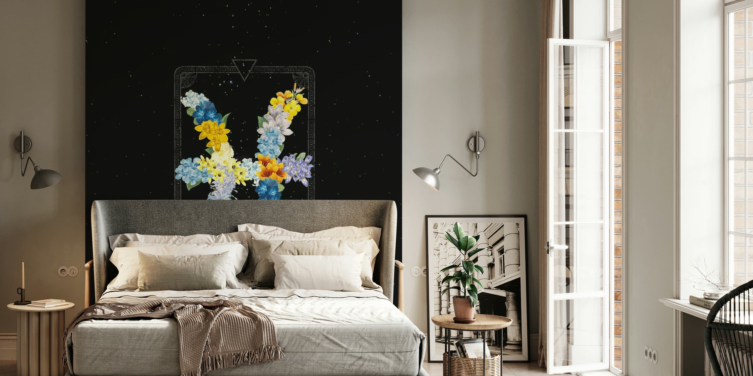 Fototapete mit Blumenmuster des Sternzeichens Fische vor einer sternenklaren Nacht im Hintergrund