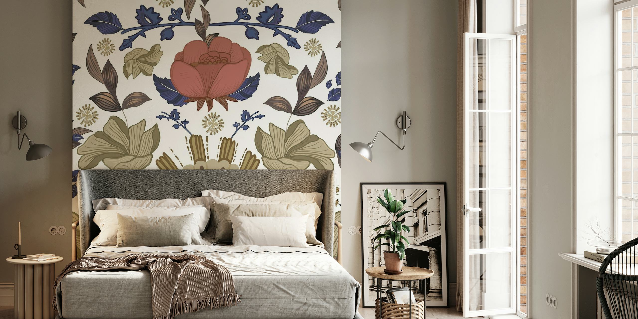 Romantische Regency-stijl bloemenbarokpatroon muurschildering met rozen en vintage elementen.