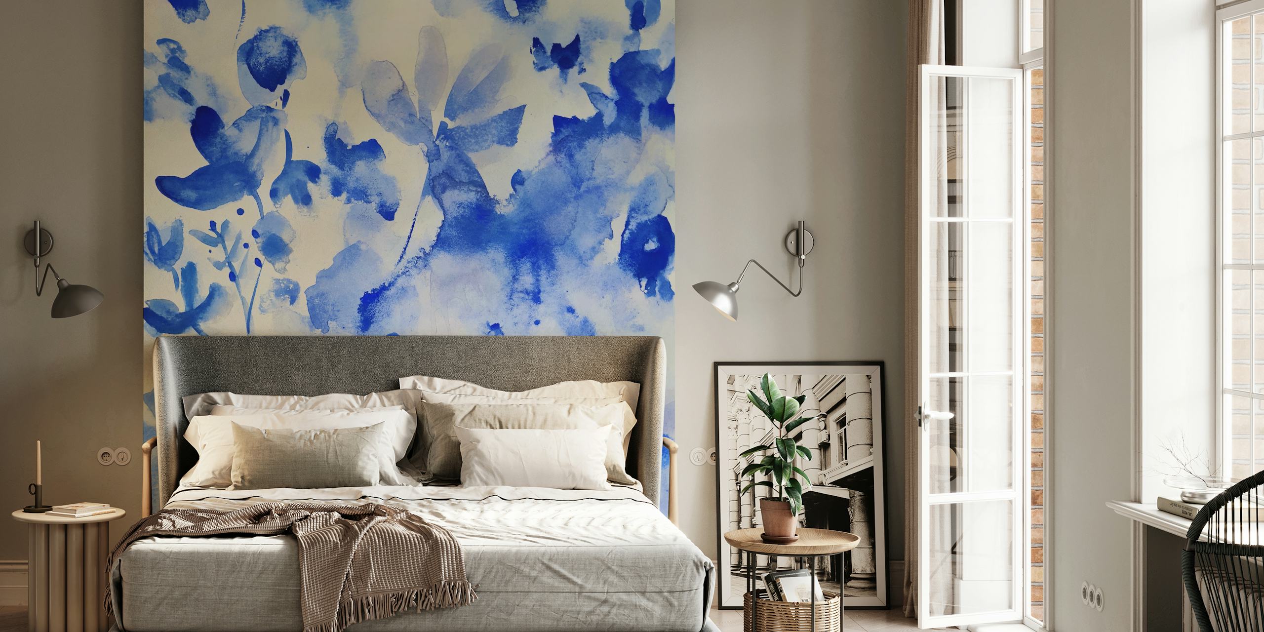 Blue floral wallpaper in a room setting