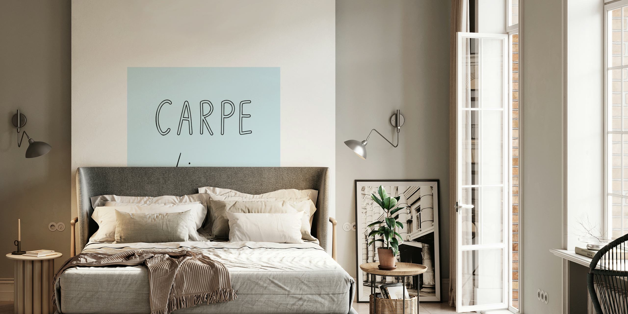 Light blue wallpaper with handwritten 'Carpe Diem' text