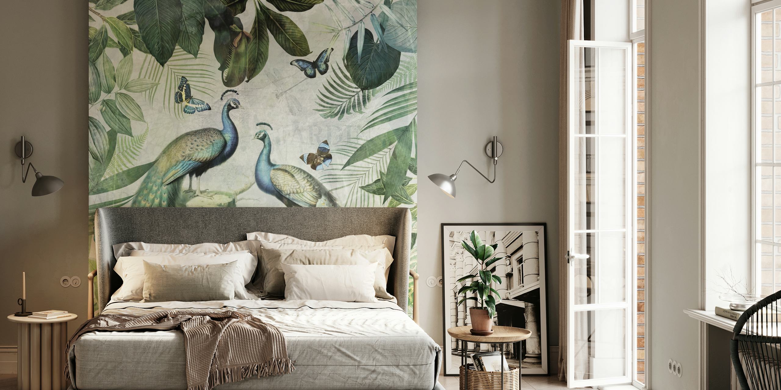 Paons exotiques, papillons et feuilles vertes, design tropical wallpaper