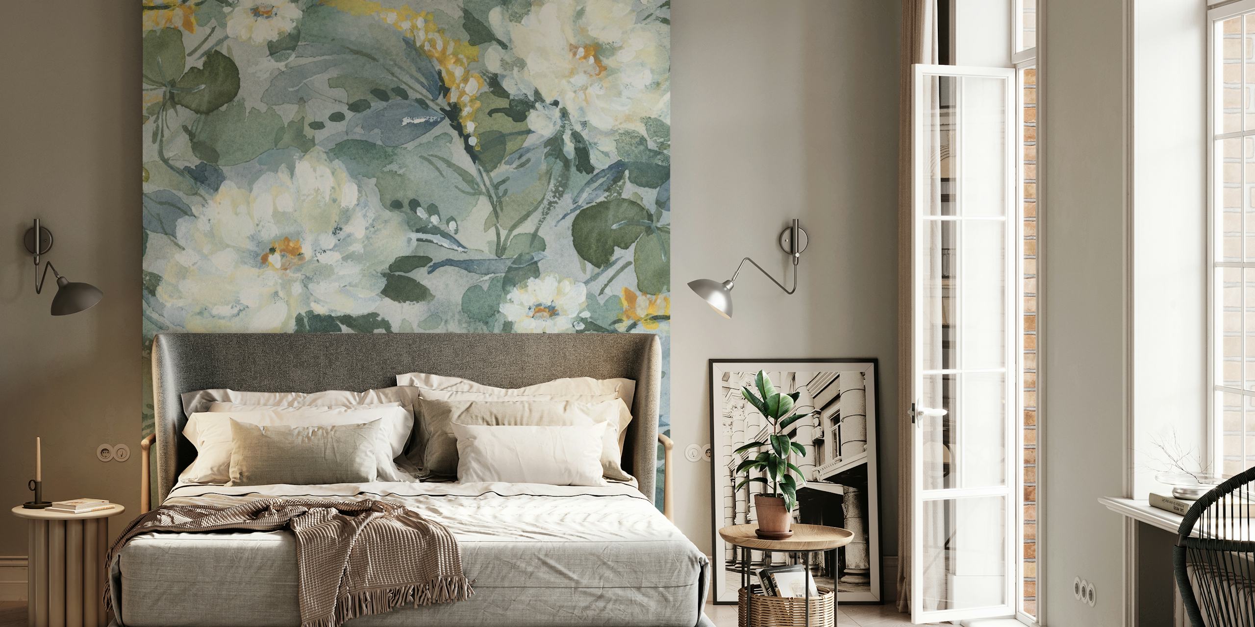 Watercolor floral pattern in green and white tones wallpaper