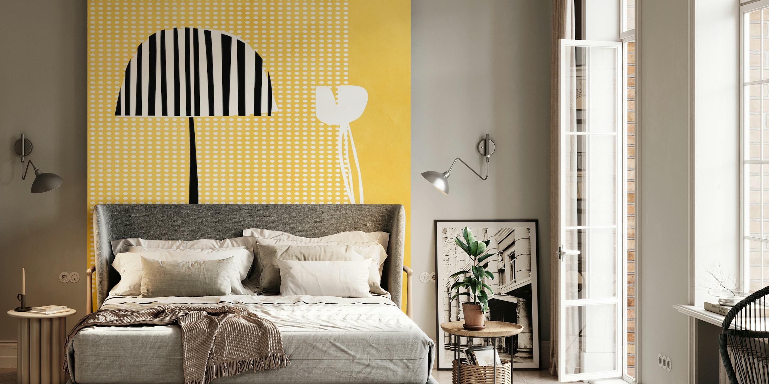 Black and white striped umbrella against yellow background wallpaper