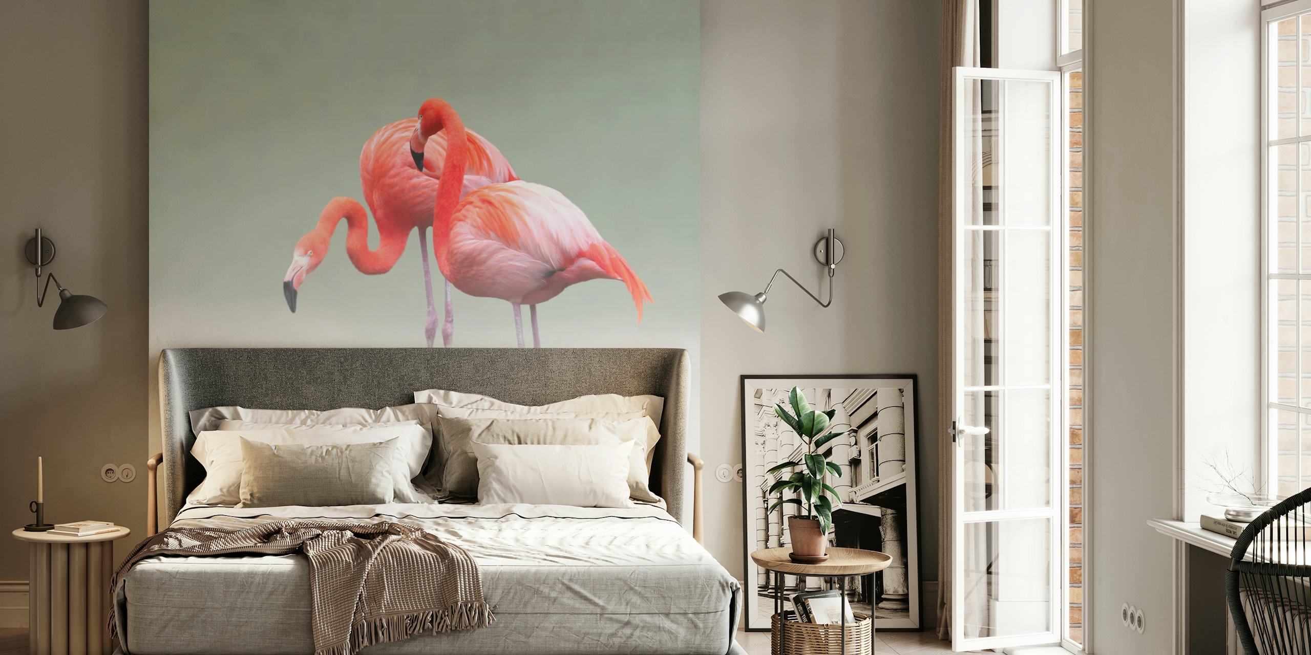 Two pink flamingos standing on a soft mist background, tropical wallpaper