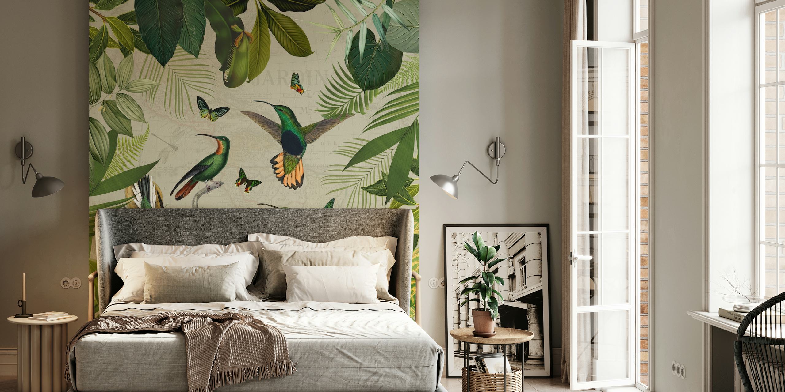 Vintage style wall mural depicting hummingbirds in a jungle setting with tropical foliage and flowers