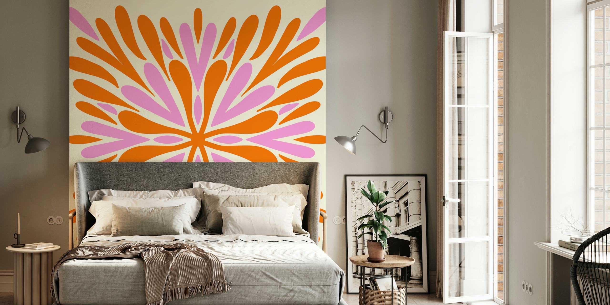 Floral pattern with orange and pink petals, modern wallpaper
