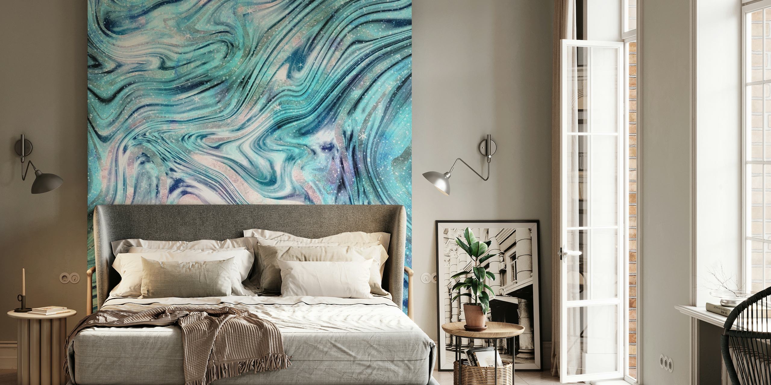Bohemian Unicorn Marble 2 wall mural with pastel blue and pink swirls