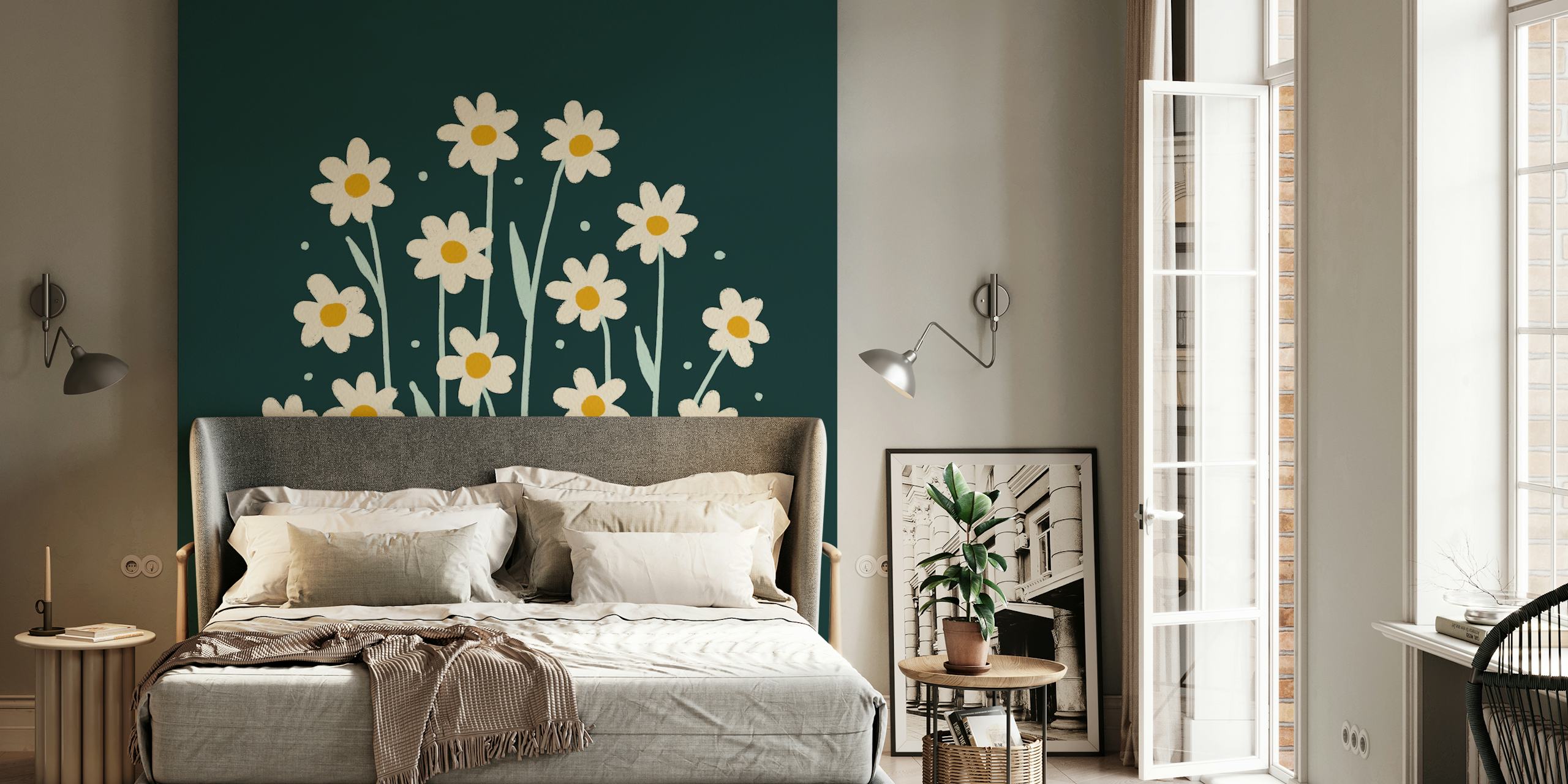 White daisies with yellow centers on dark green background wallpaper
