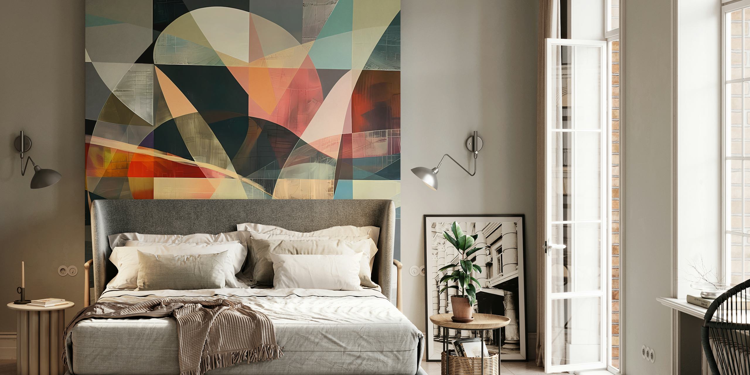 Colorful overlapping shapes wallpaper in a room