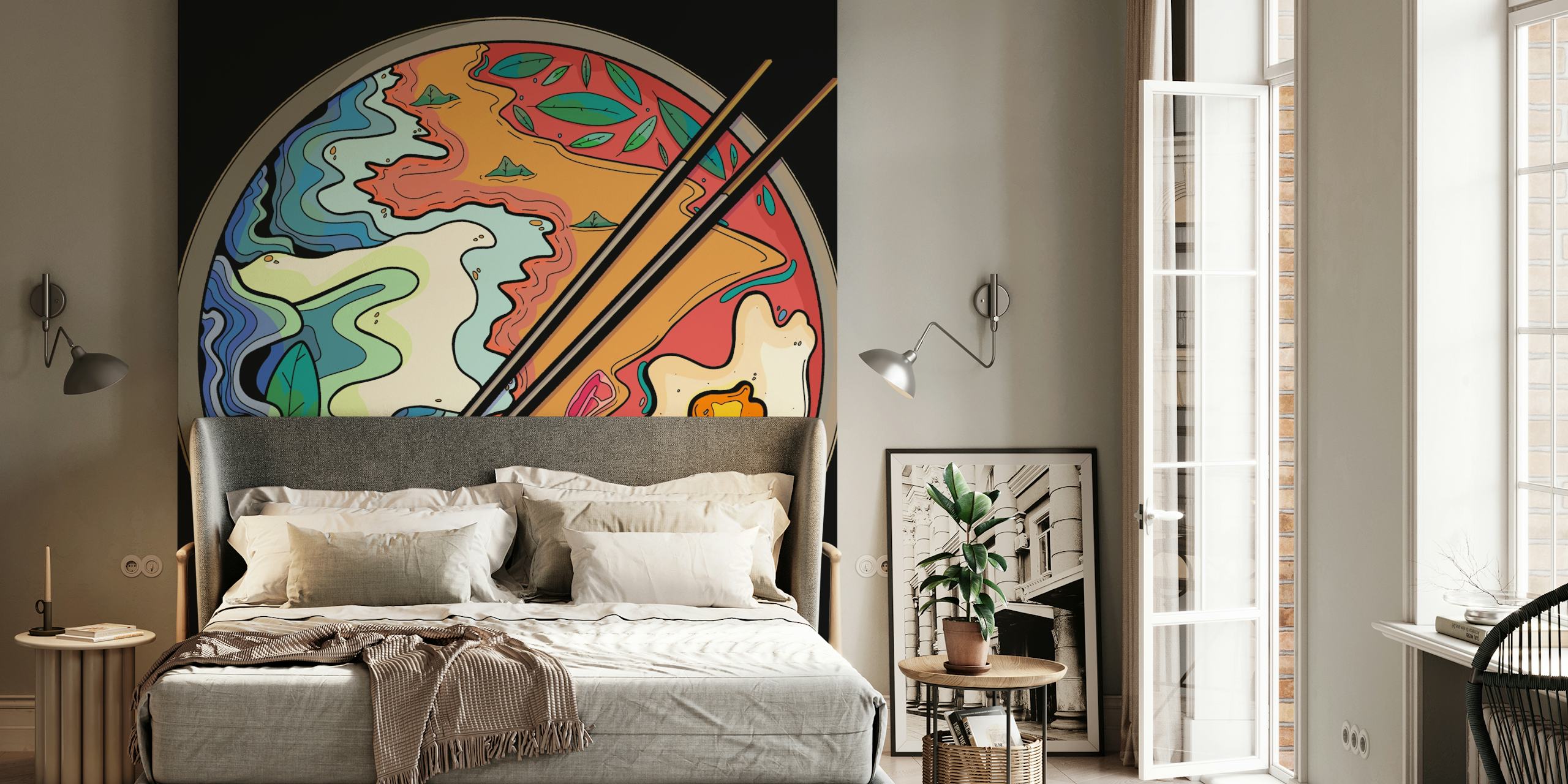 Seaside bowl wallpaper displayed in a room