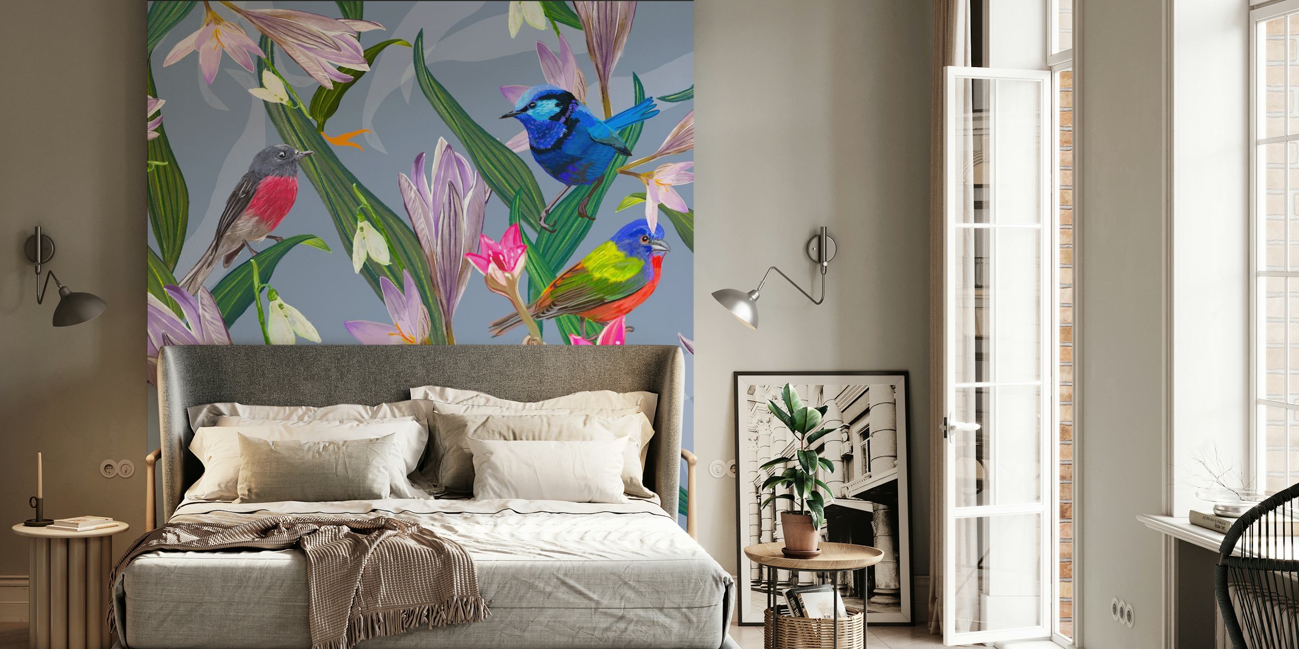 Colorful birds among flowers and leaves wallpaper