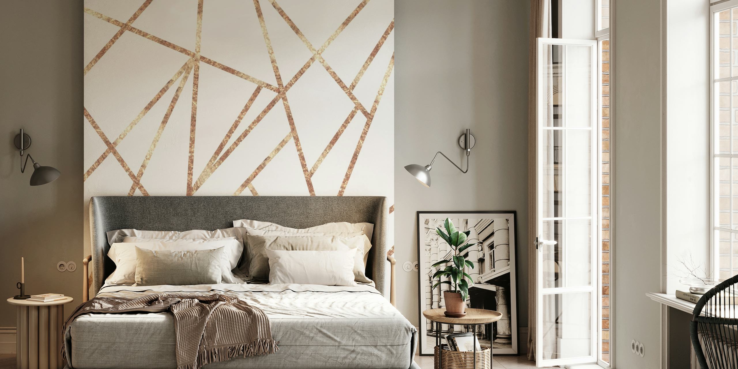 Geometric rose gold pattern on a white background wall mural